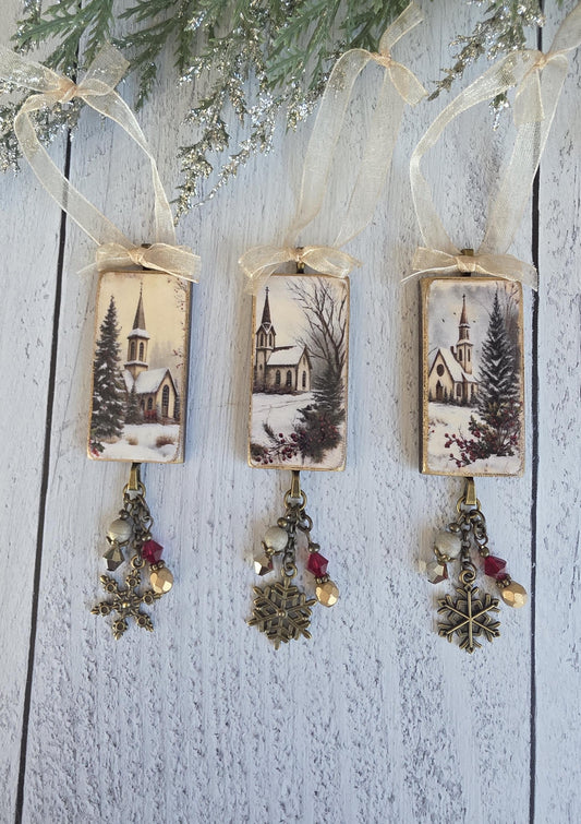 Handmade Church Winter Scenes Christmas Ornaments