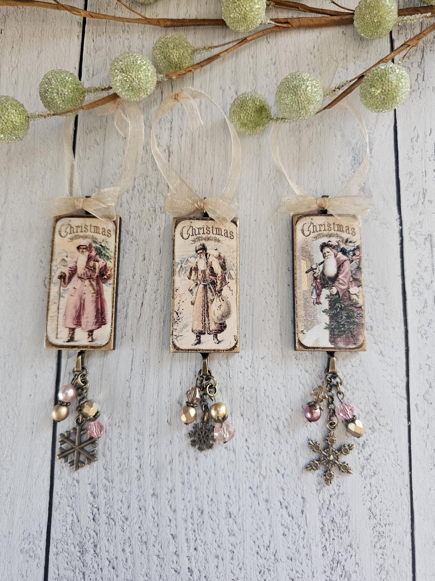 Rustic and Elegant Set of Three Victorian Santa Wood Christmas Ornaments, Buy 3 or Singles