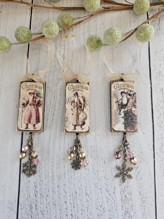 Rustic and Elegant Set of Three Victorian Santa Wood Christmas Ornaments, Buy 3 or Singles