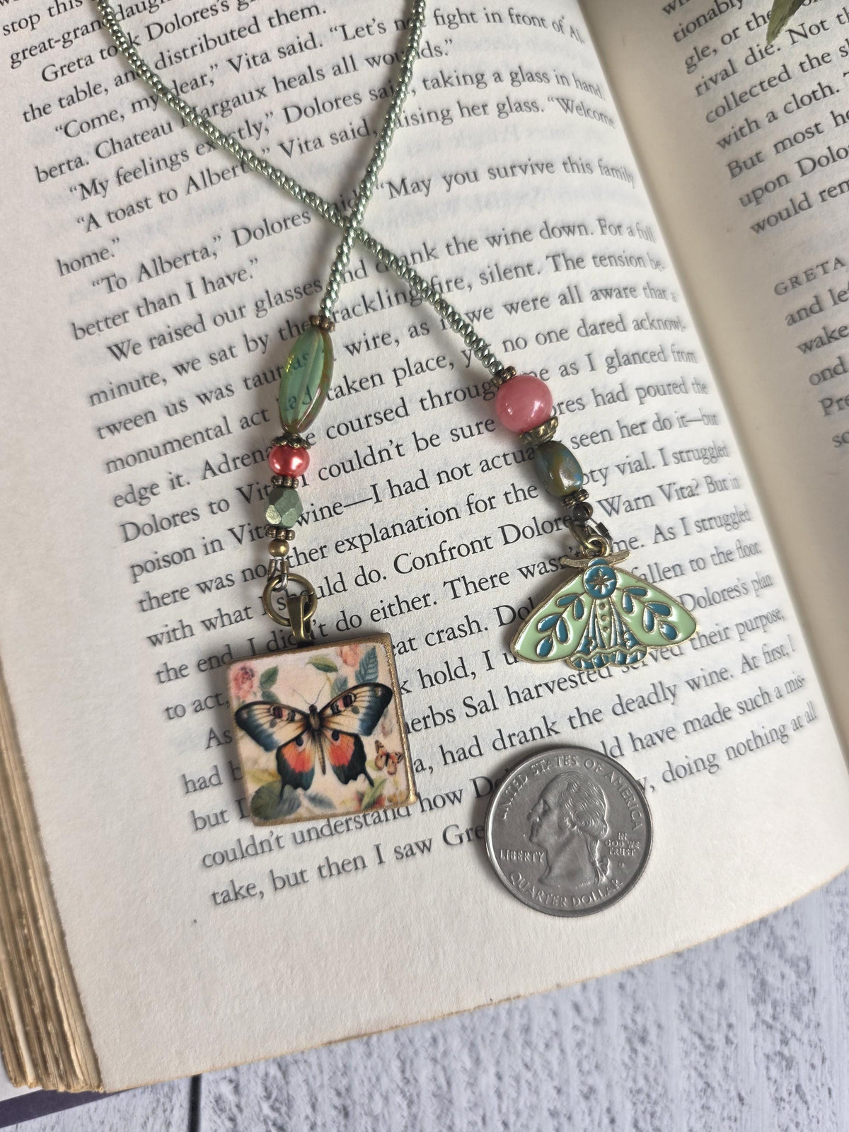 Butterfly or Moth Beaded Bookmark with Moth Charm