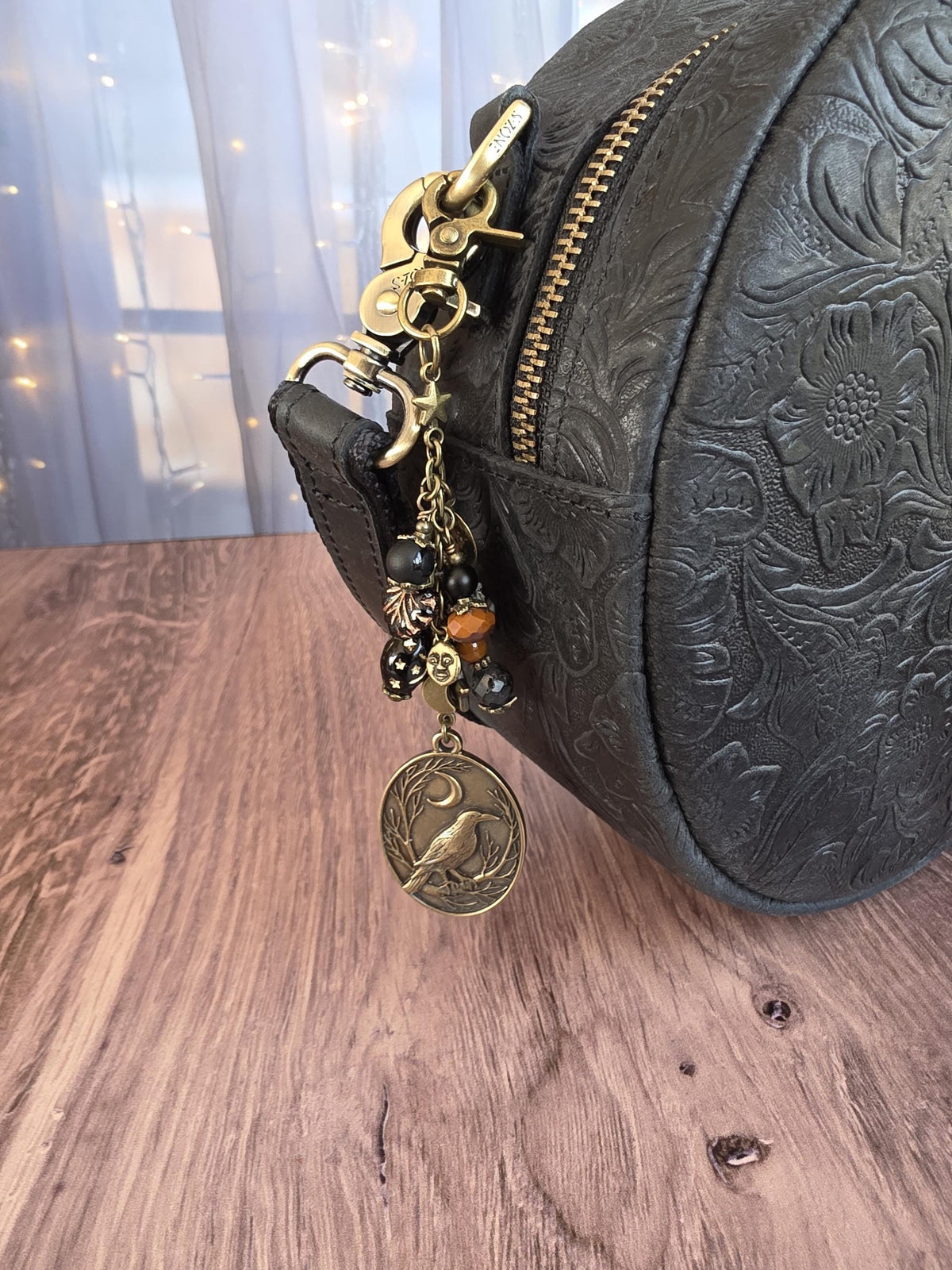 Raven or Crow Theme Bag Charm With Moon Accents