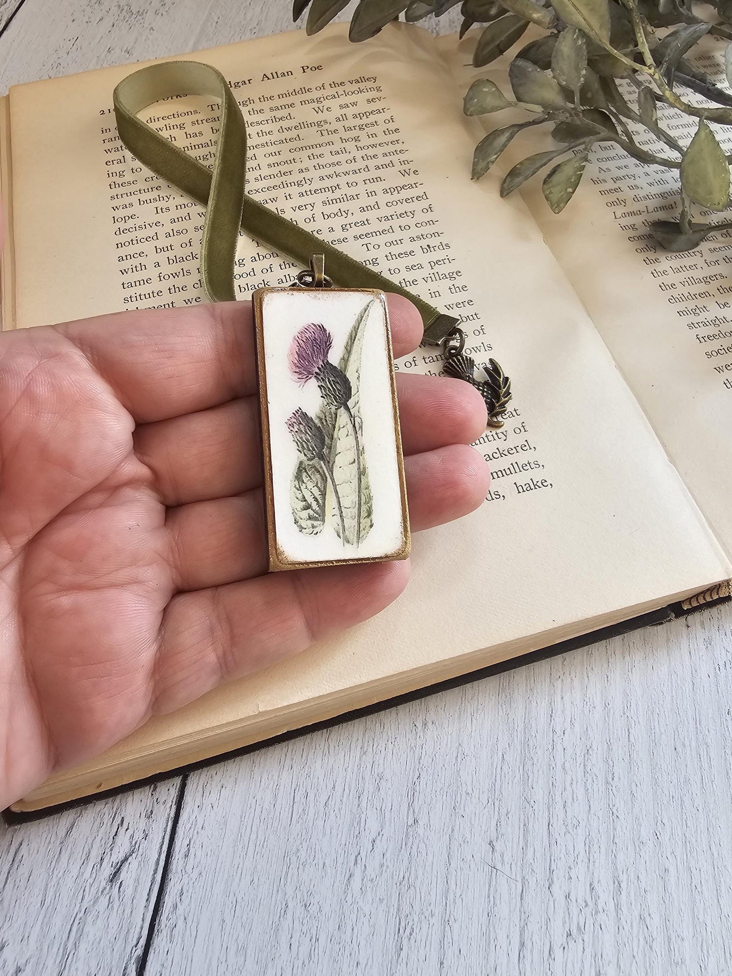 Scottish Thistle Velvet Bookmark: Bronze Vintage Botanical Pendant