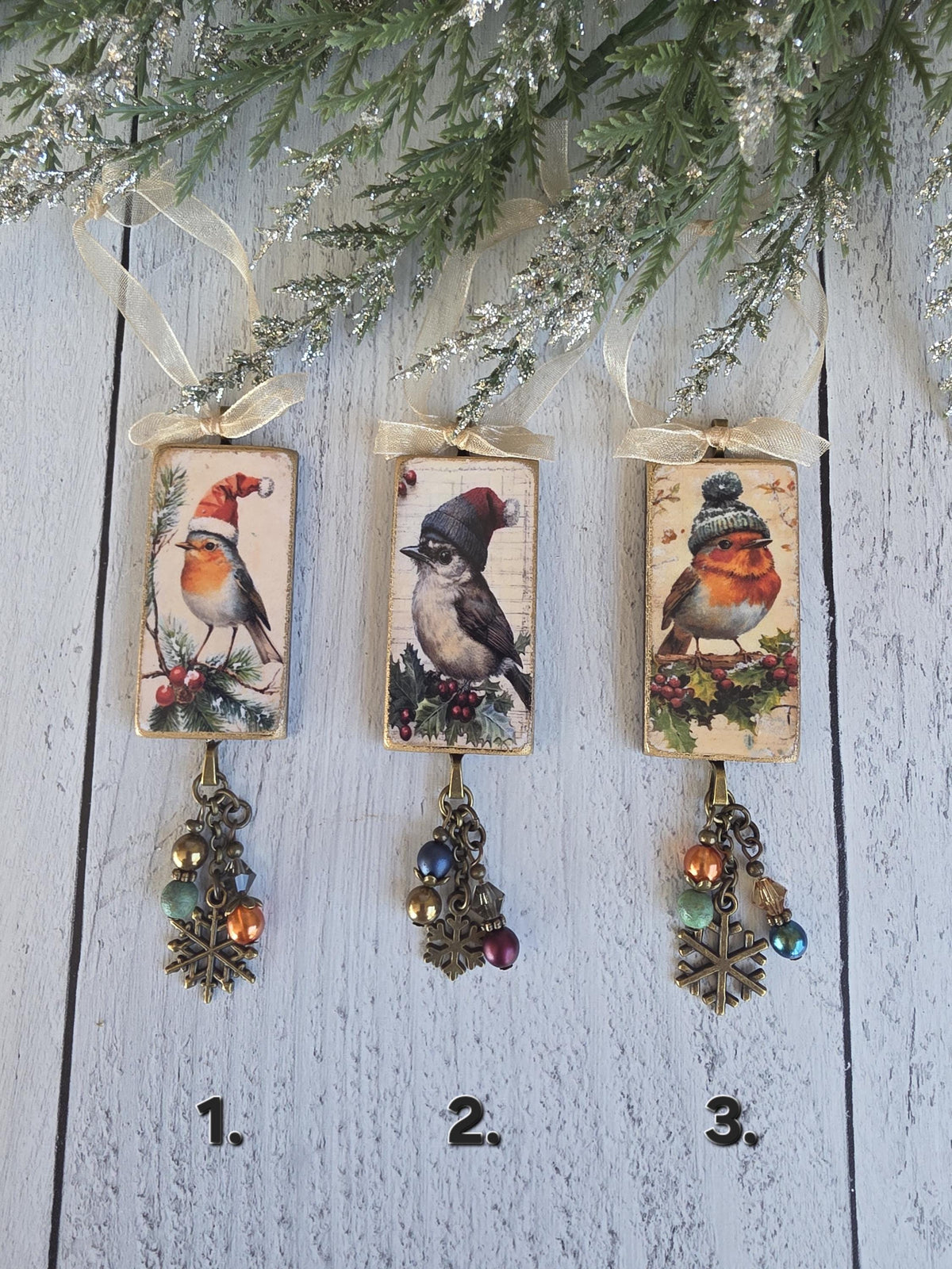 Handmade Whimsical Birds With Hats Christmas Ornaments