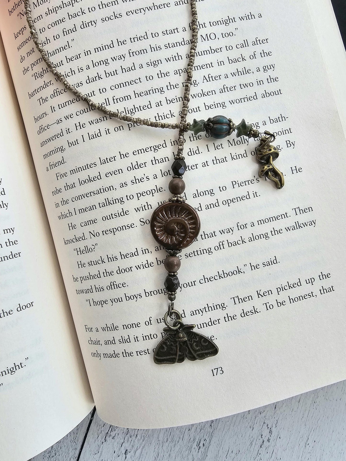 Nature-Inspired Luna Moth Beaded Bookmark with Charming Mushroom Accent