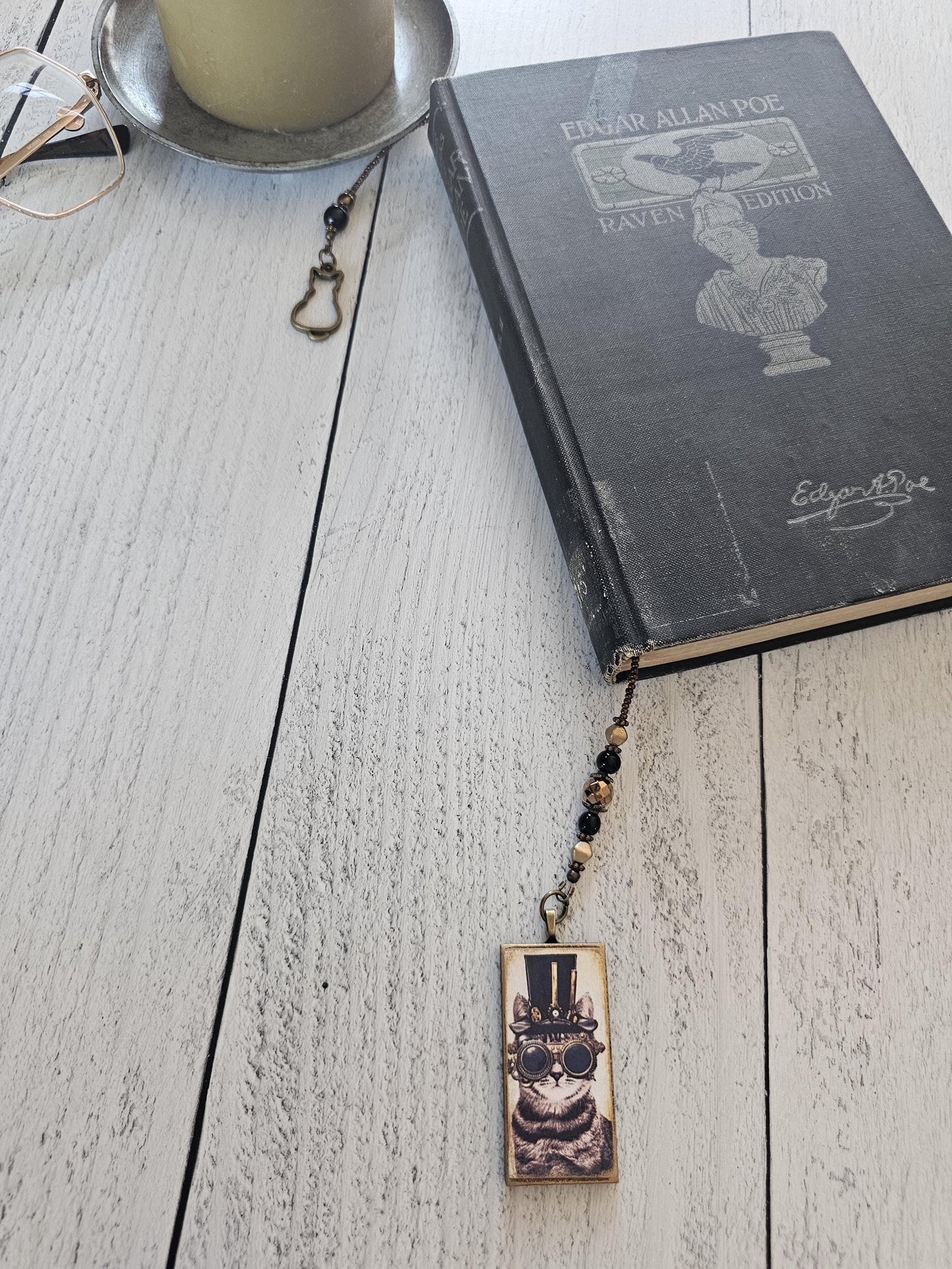 Steampunk Cat Bookmark, Unique Reader Gift, Feline Bookmarker