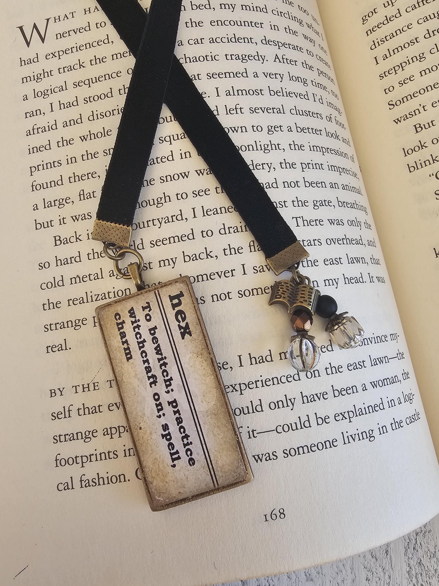 Dark Gothic Velvet Ribbon Bookmark with Pendant featuring Gothic Definitions Death, Decay, Omen, Morbid, Hex, Darkness, Unique Literary Gift