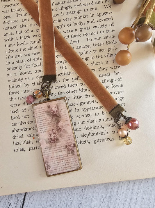 Velvet Ribbon Bookmark, Floral Picture Pendant Bookmarker, Reader Gift, Flower Book Lover Gift, Mother Gift