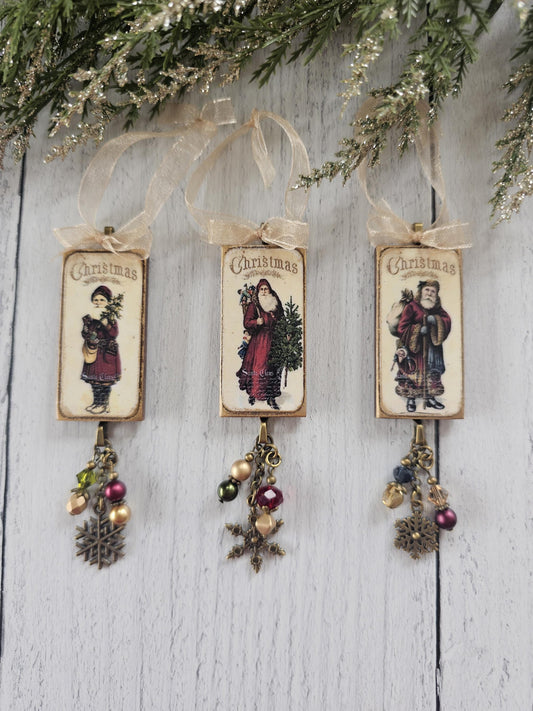 Handmade Christmas Ornaments Featuring Victorian Vintage Santa, Buy One or All Three
