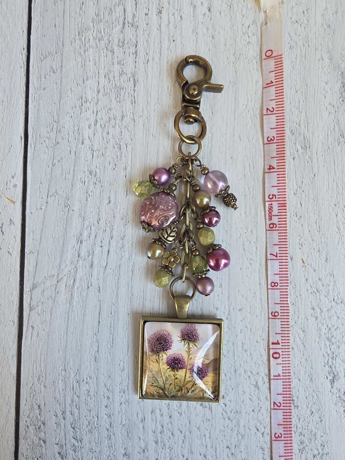 Beaded Bag Charm With Thistle Theme, Purse Flair