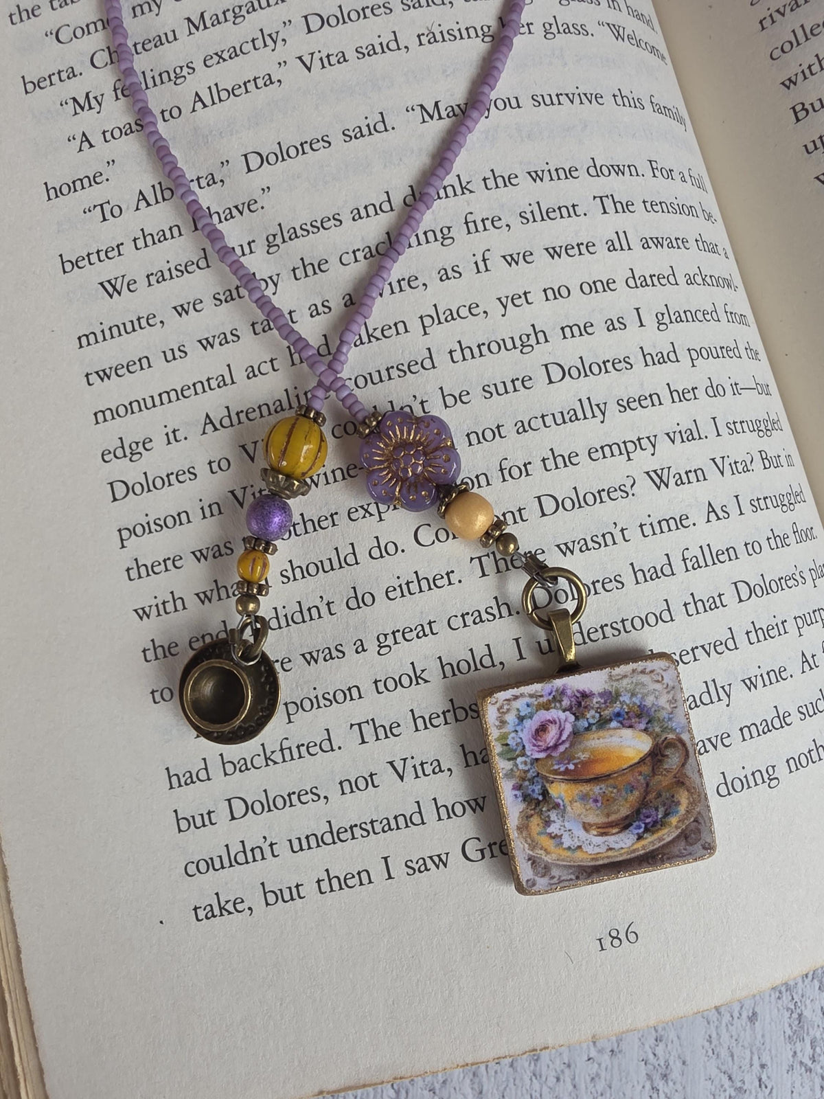 Tea or Coffee Themed Beaded Bookmark With Handmade Tea Cup Picture Pendant