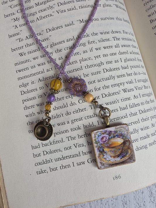 Tea or Coffee Themed Beaded Bookmark With Handmade Tea Cup Picture Pendant
