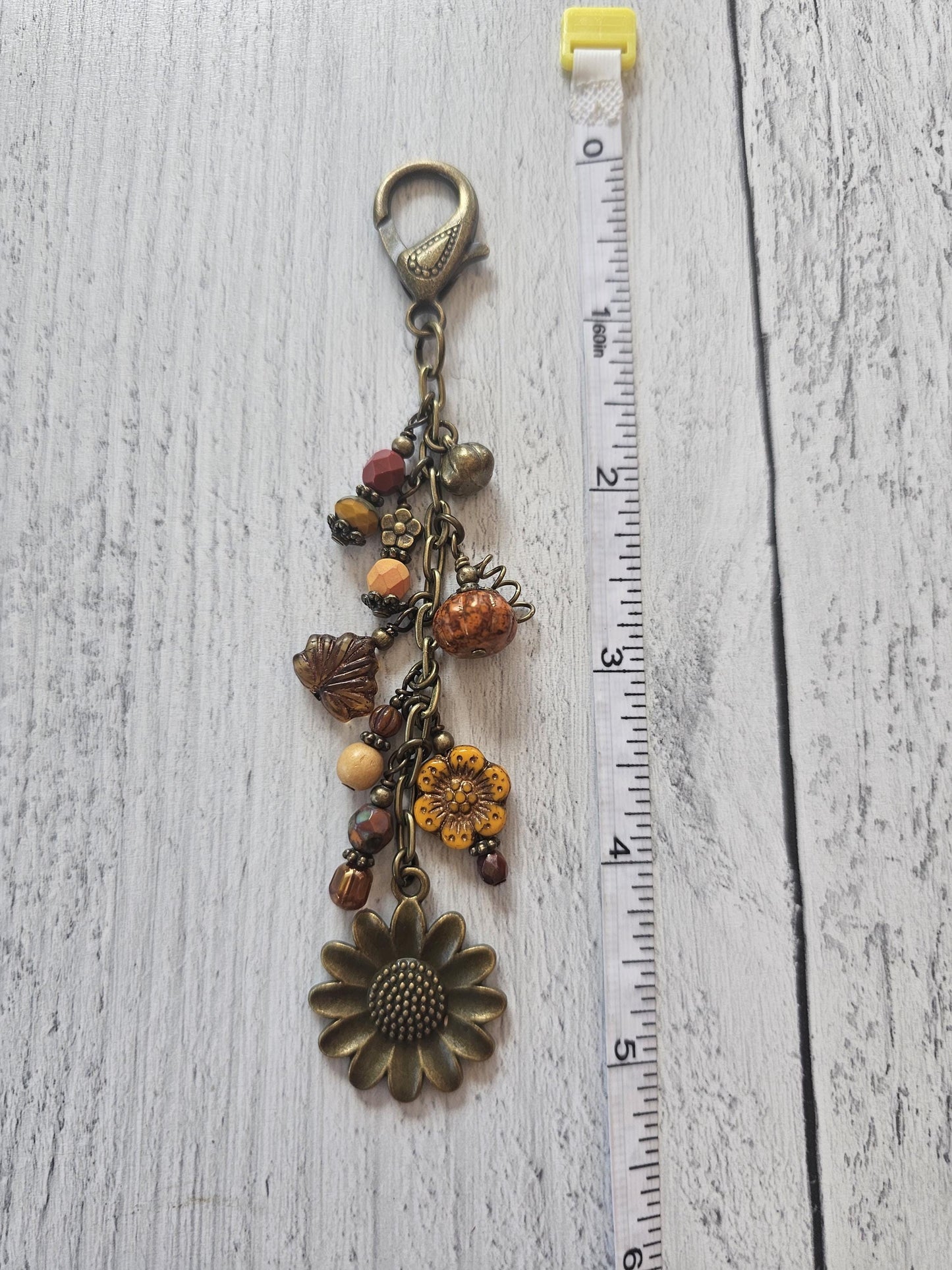 Boho Style Pumpkin Beaded Bag Charm Zipper Pull With Bronze Plated Sunflower Charm, Perfect for Fall!