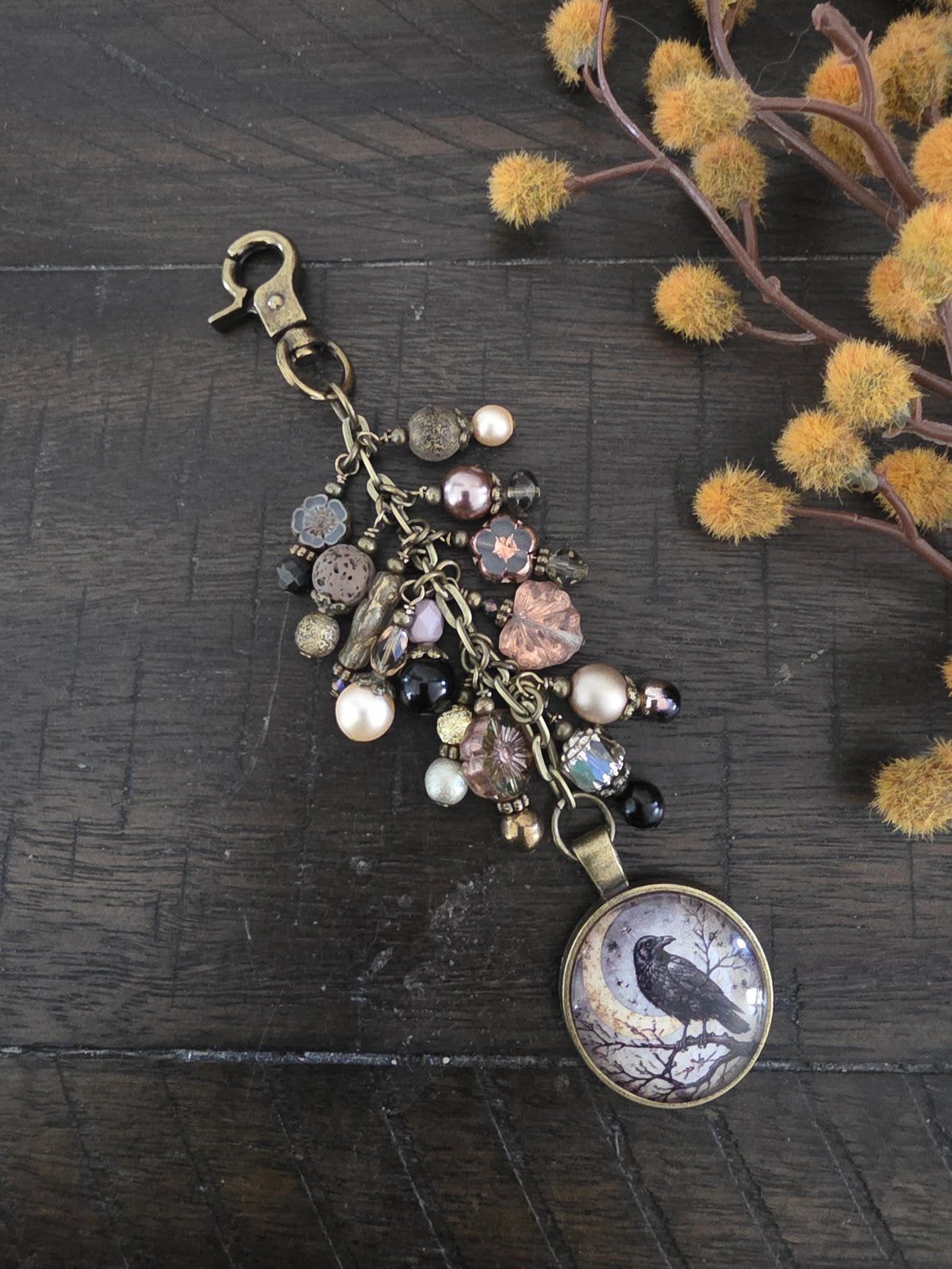 Crescent Moon And Raven Bag Bling, Beaded Purse Charm