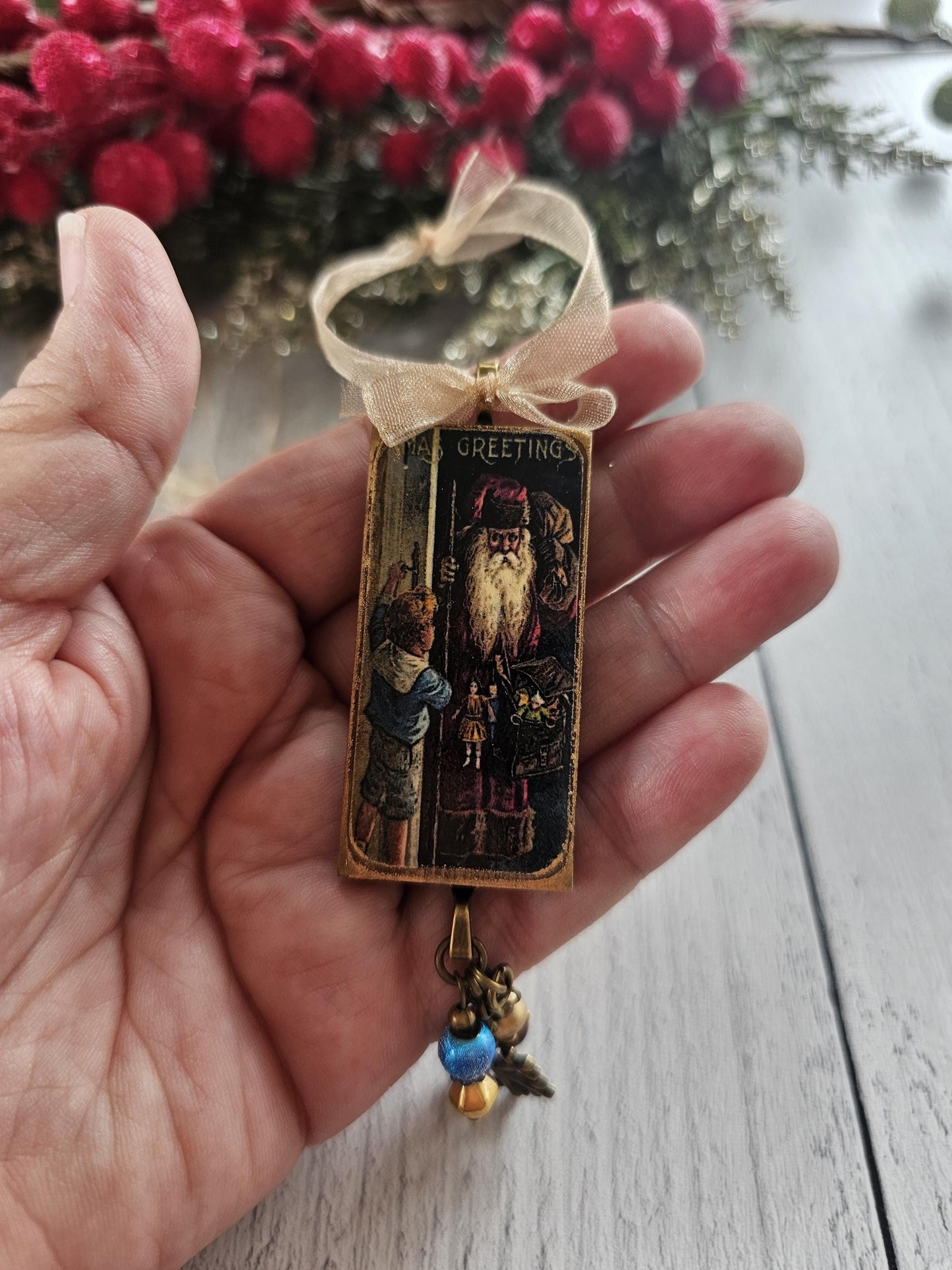 Set of Three Handmade Christmas Ornaments Featuring Vintage Santa Claus With Children, Buy One or All Three