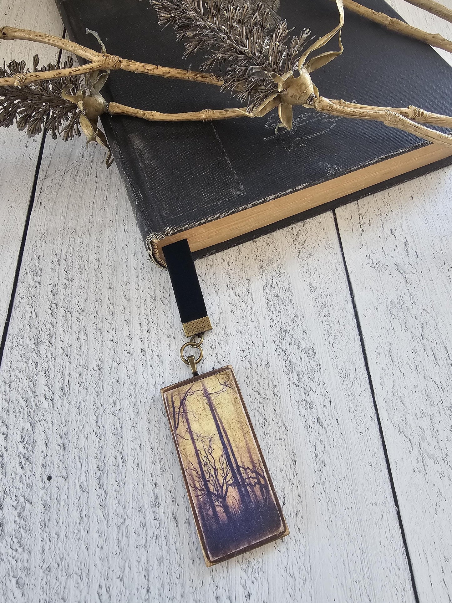 Gothic Bookmark, Spooky Woods Trees Bookmarker, Horror Velvet Ribbon Bookmark, Reader Gift