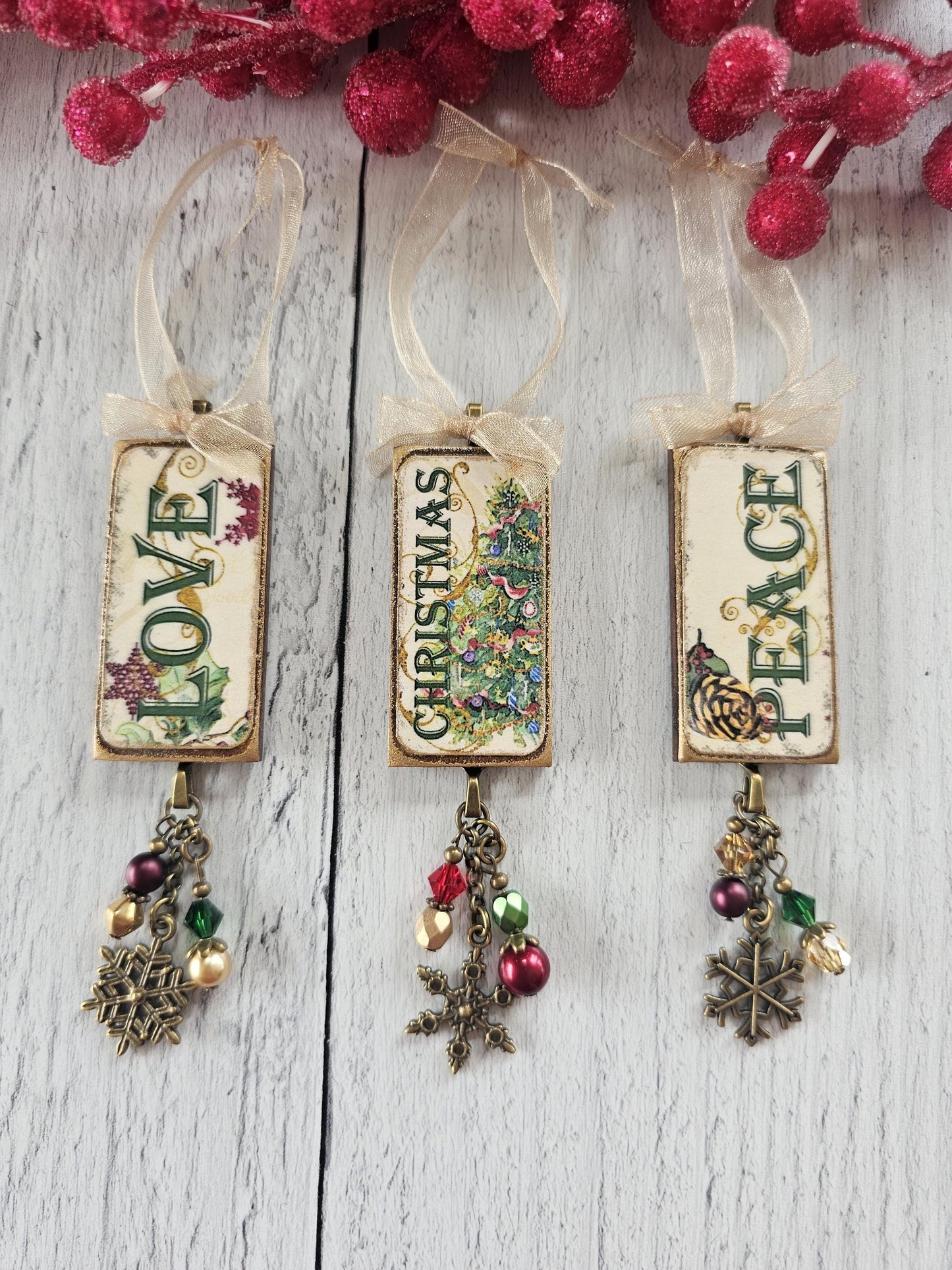 Unique Christmas Ornaments, Love, Peace, Christmas Tree, Buy One or All Three