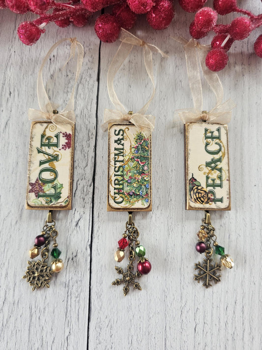 Unique Christmas Ornaments, Love, Peace, Christmas Tree, Buy One or All Three