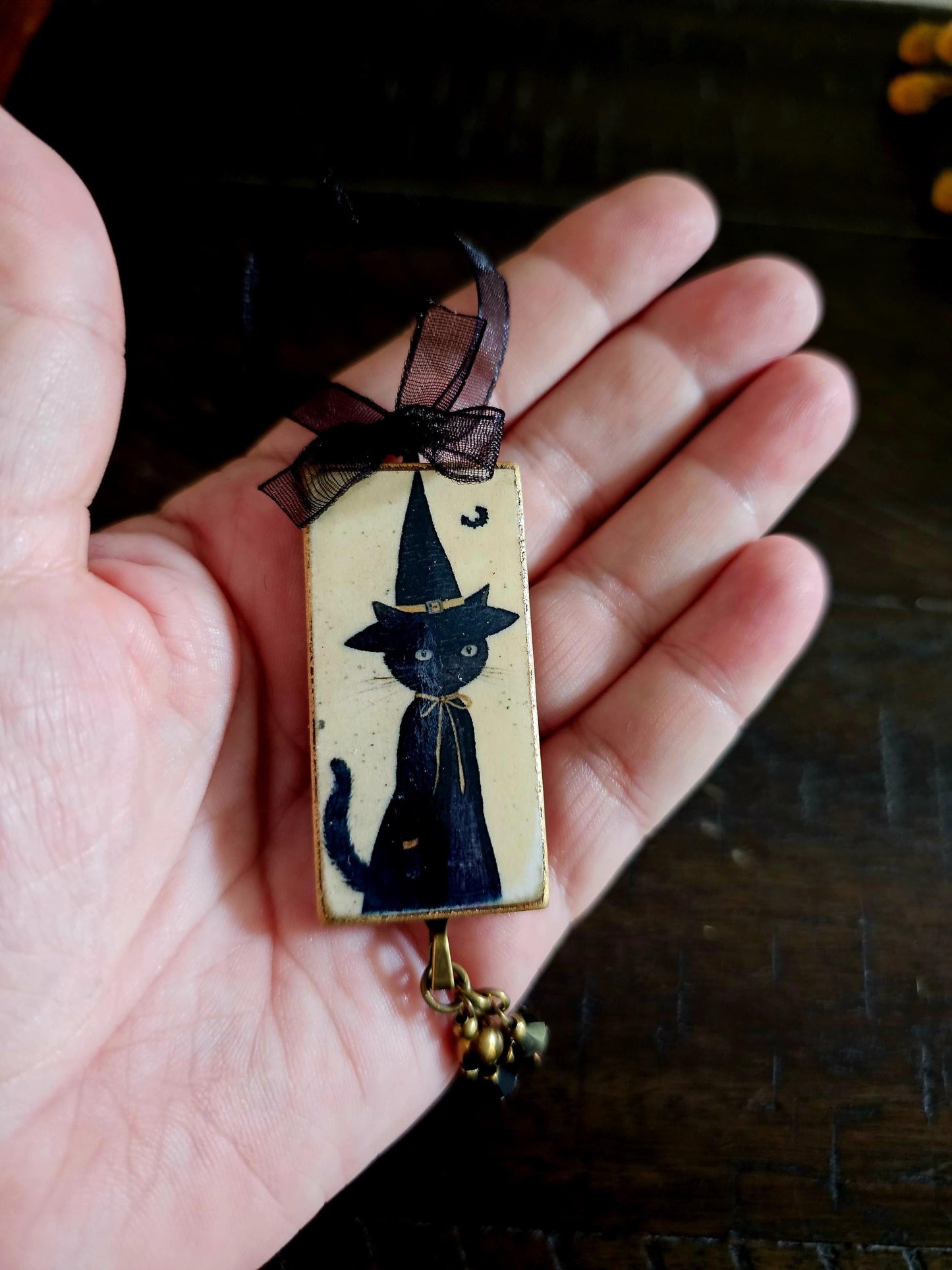 Witch Cat Whimsical Ornament, Halloween Decor