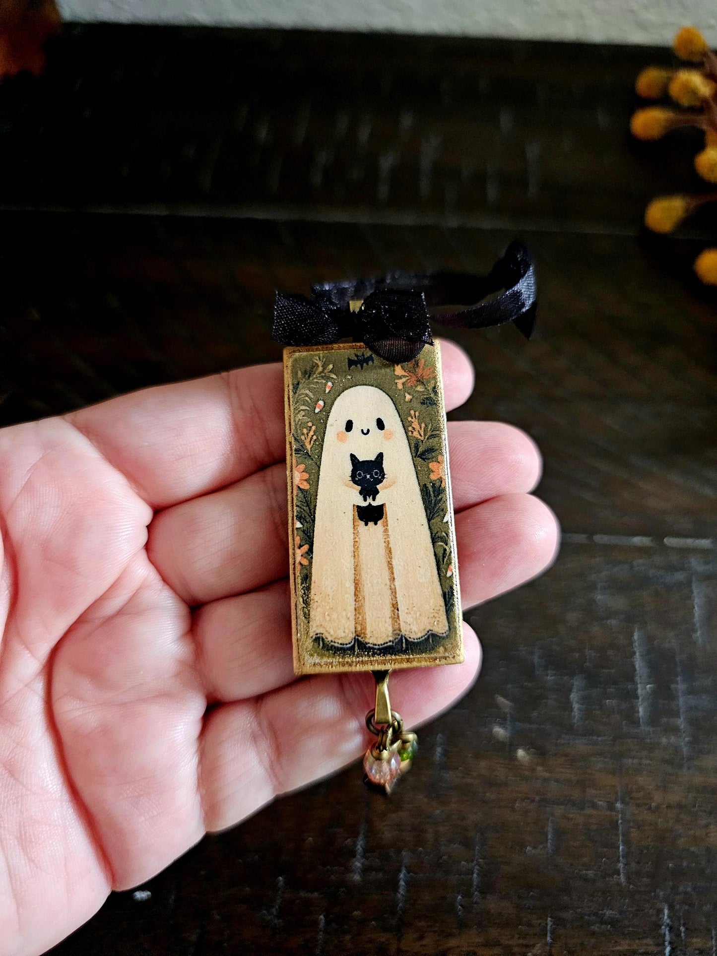 Cute Ghost Holding Black Cat Ornament, Whimsical Halloween Decor