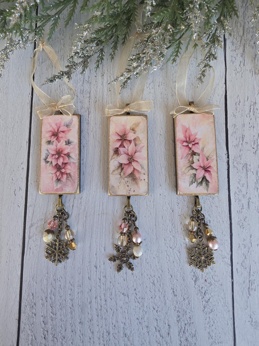 Pink Poinsettia Christmas Ornaments, Handmade