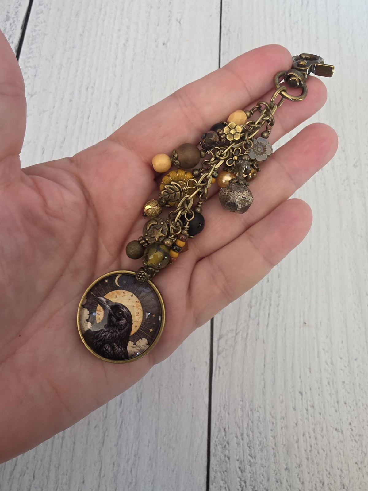 Sun and Raven Beaded Bag Charm, Celestial Purse Flair