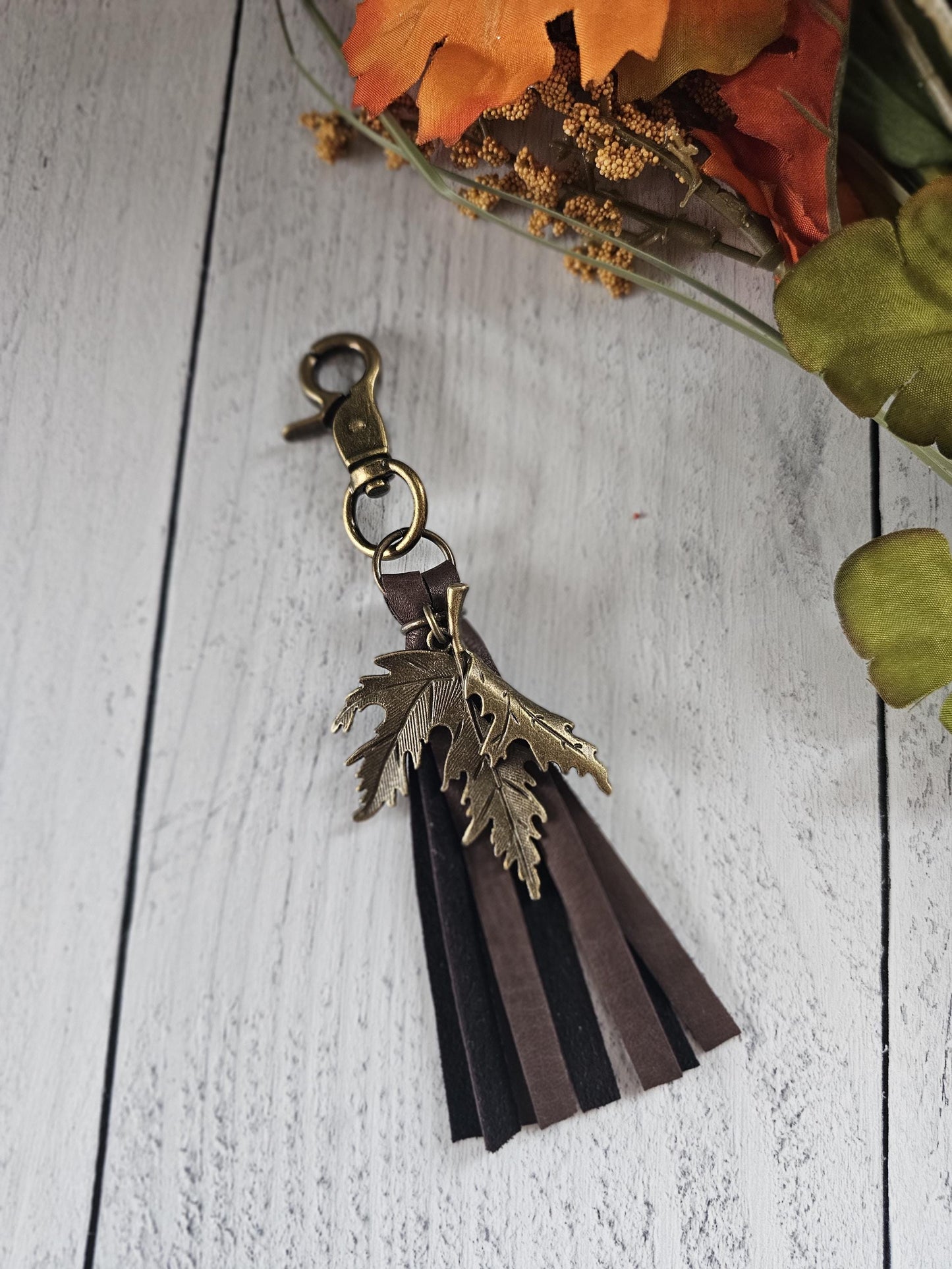 Boho Leather Bag Tassel With Bronze Plated Leaf Charm