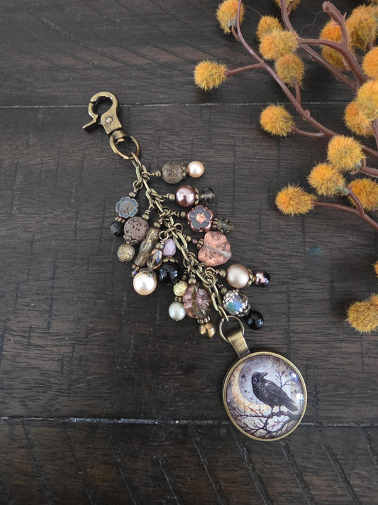 Crescent Moon And Raven Bag Bling, Beaded Purse Charm