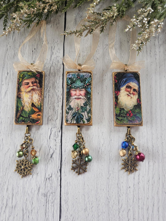 Set of Three Vintage Era Santa Wood Christmas Ornaments, Buy One or All Three
