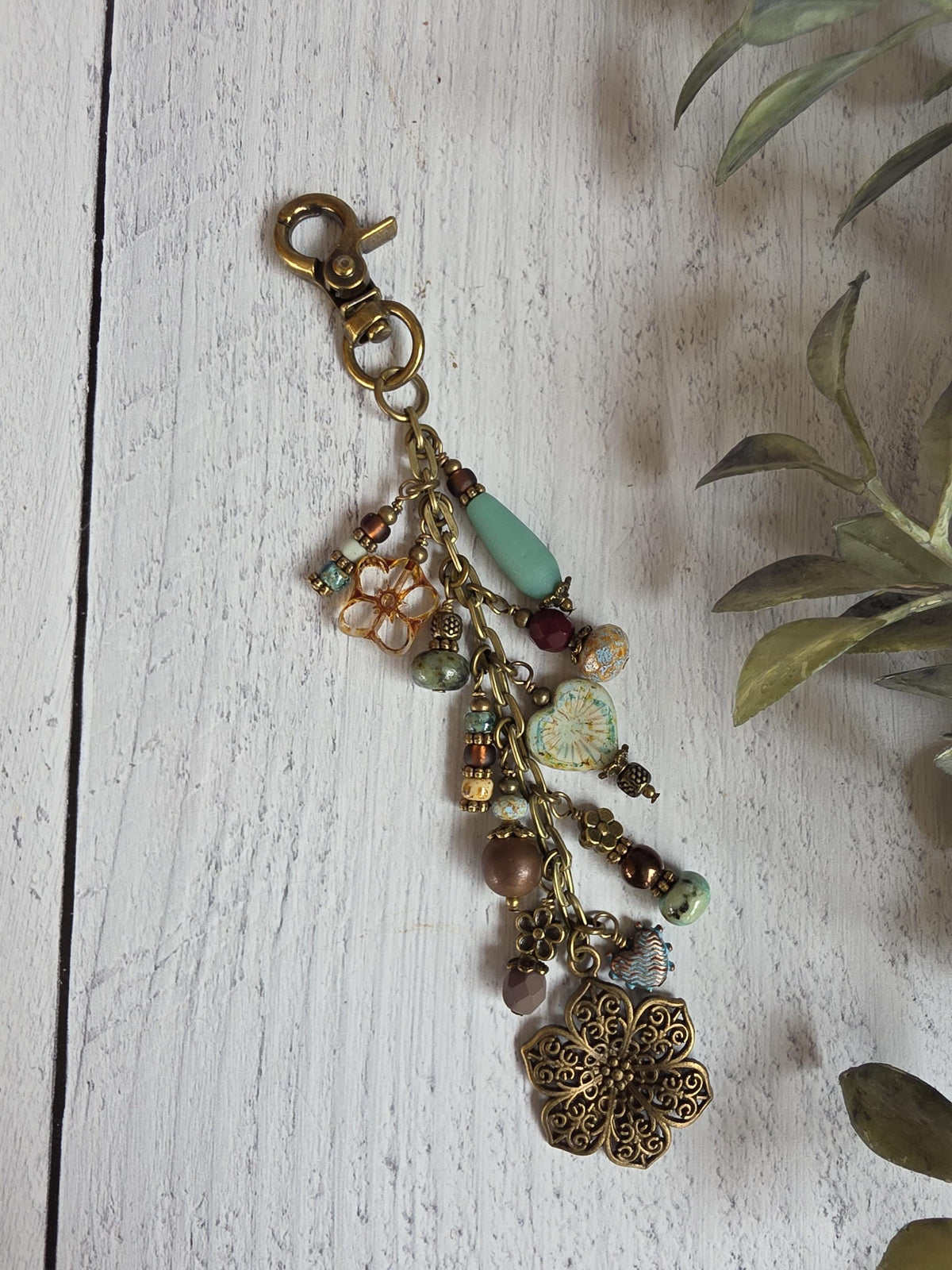 Boho Beaded Bag Charm, Hearts and Flowers in Blue and Brown