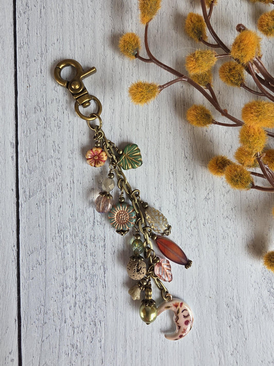 Whimsical Floral Moon Beaded Bag Charm