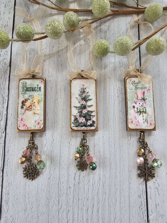 Vintage Style Shabby Pink Christmas Ornaments, Santa, Snowman, Tree