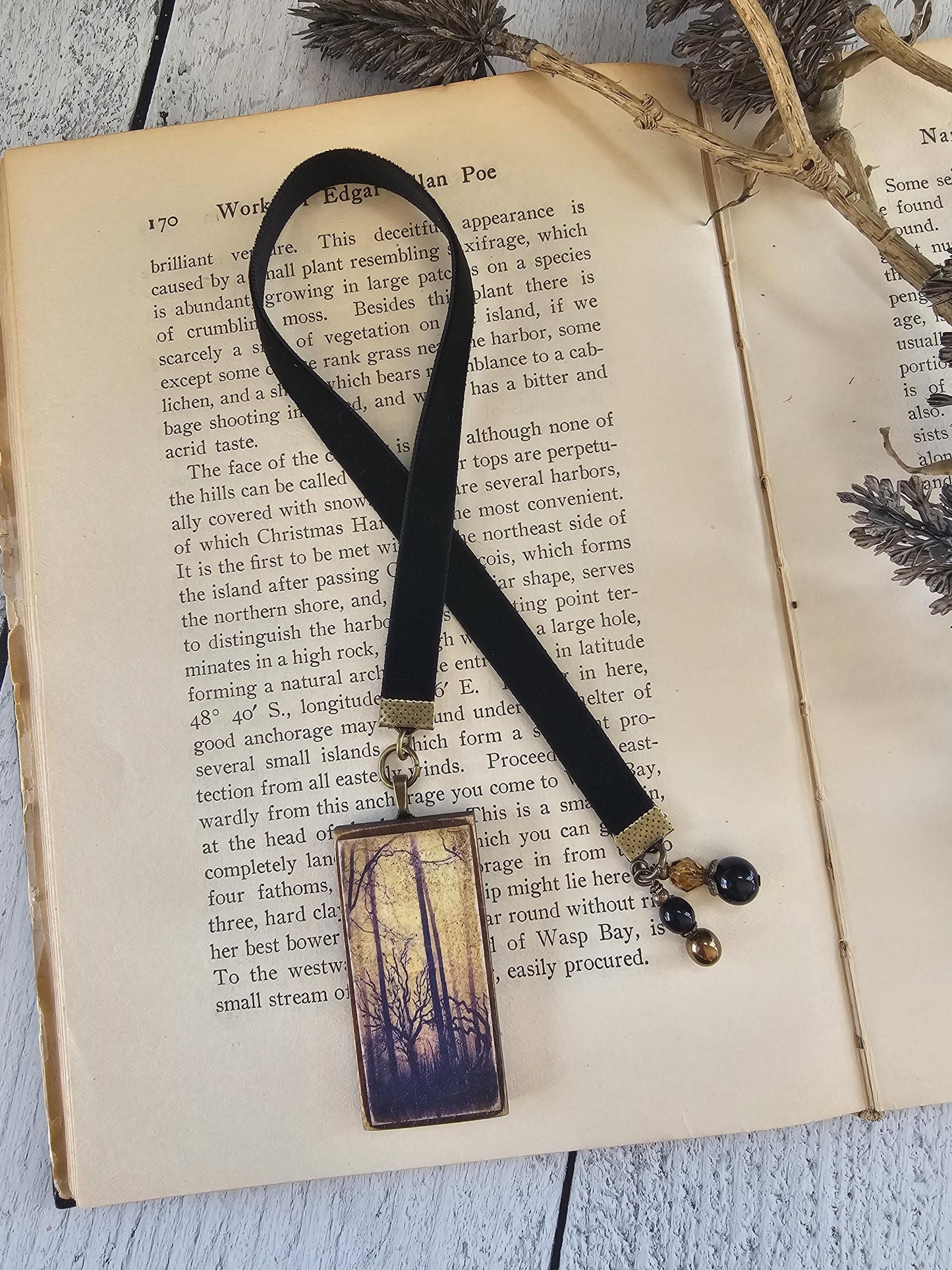 Gothic Bookmark, Spooky Woods Trees Bookmarker, Horror Velvet Ribbon Bookmark, Reader Gift