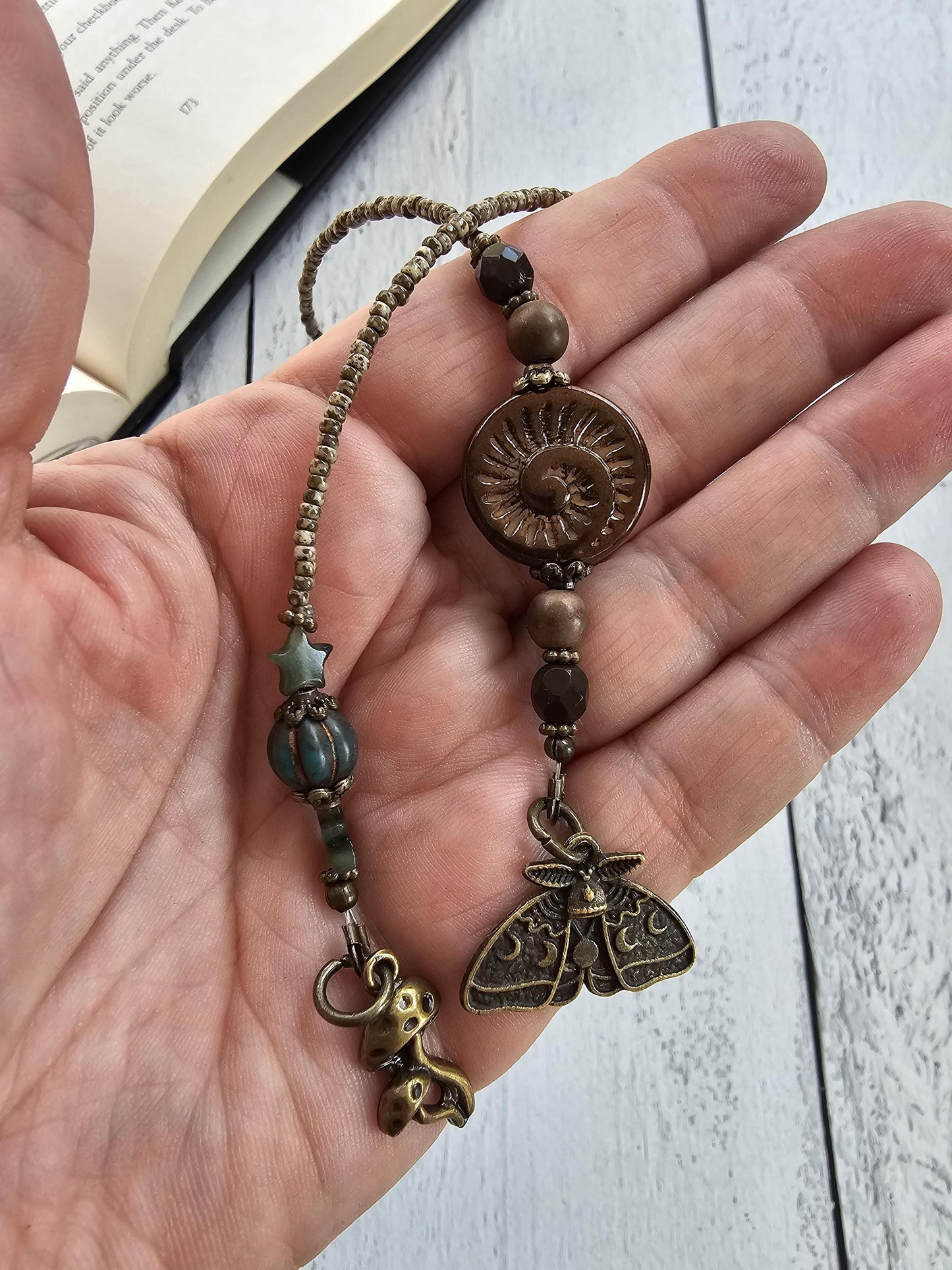 Nature-Inspired Luna Moth Beaded Bookmark with Charming Mushroom Accent