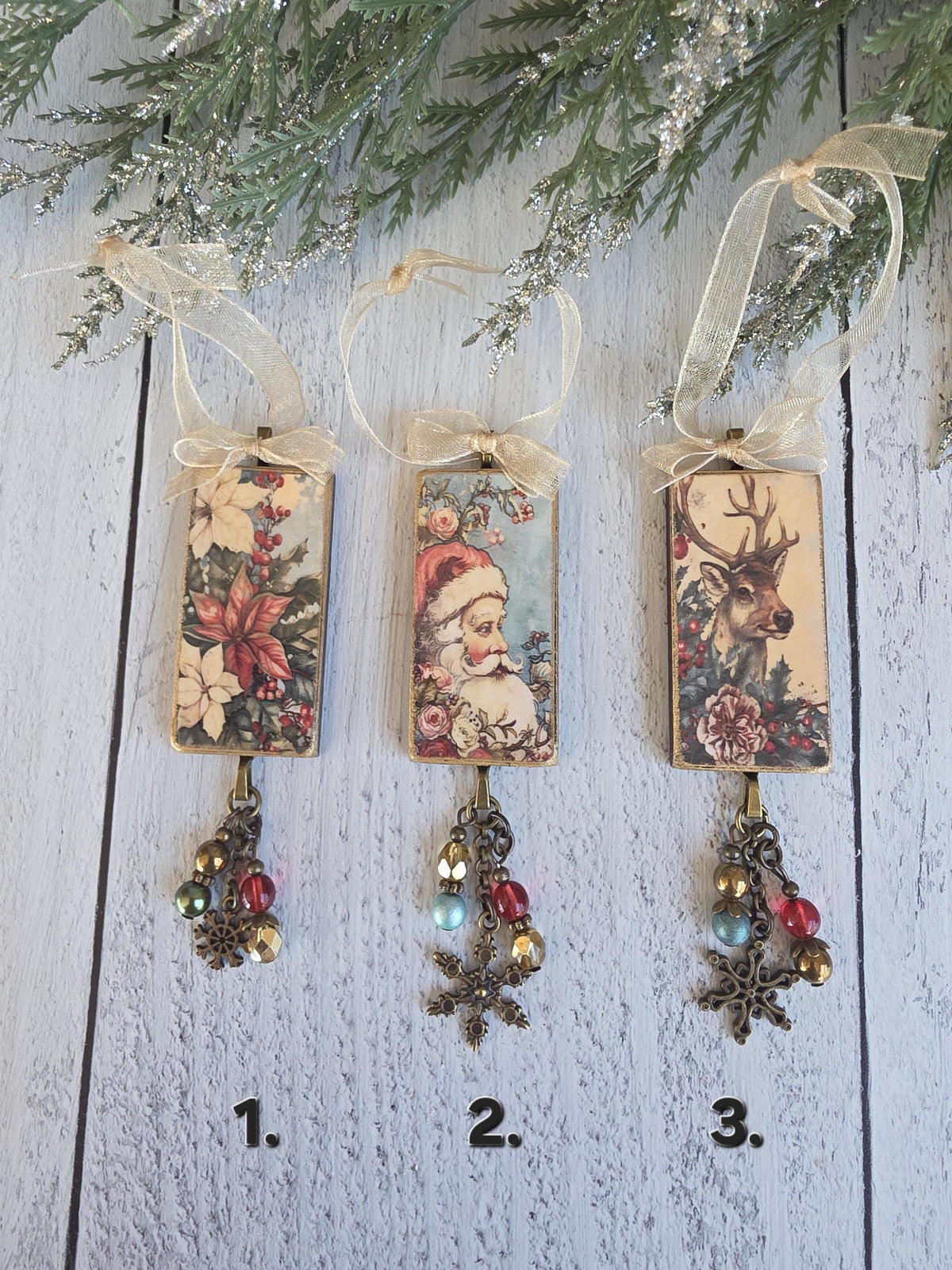 Handmade Christmas Ornaments With Santa Claus, Poinsettia and Stag