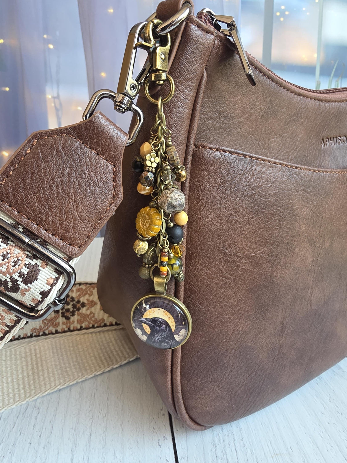Sun and Raven Beaded Bag Charm, Celestial Purse Flair