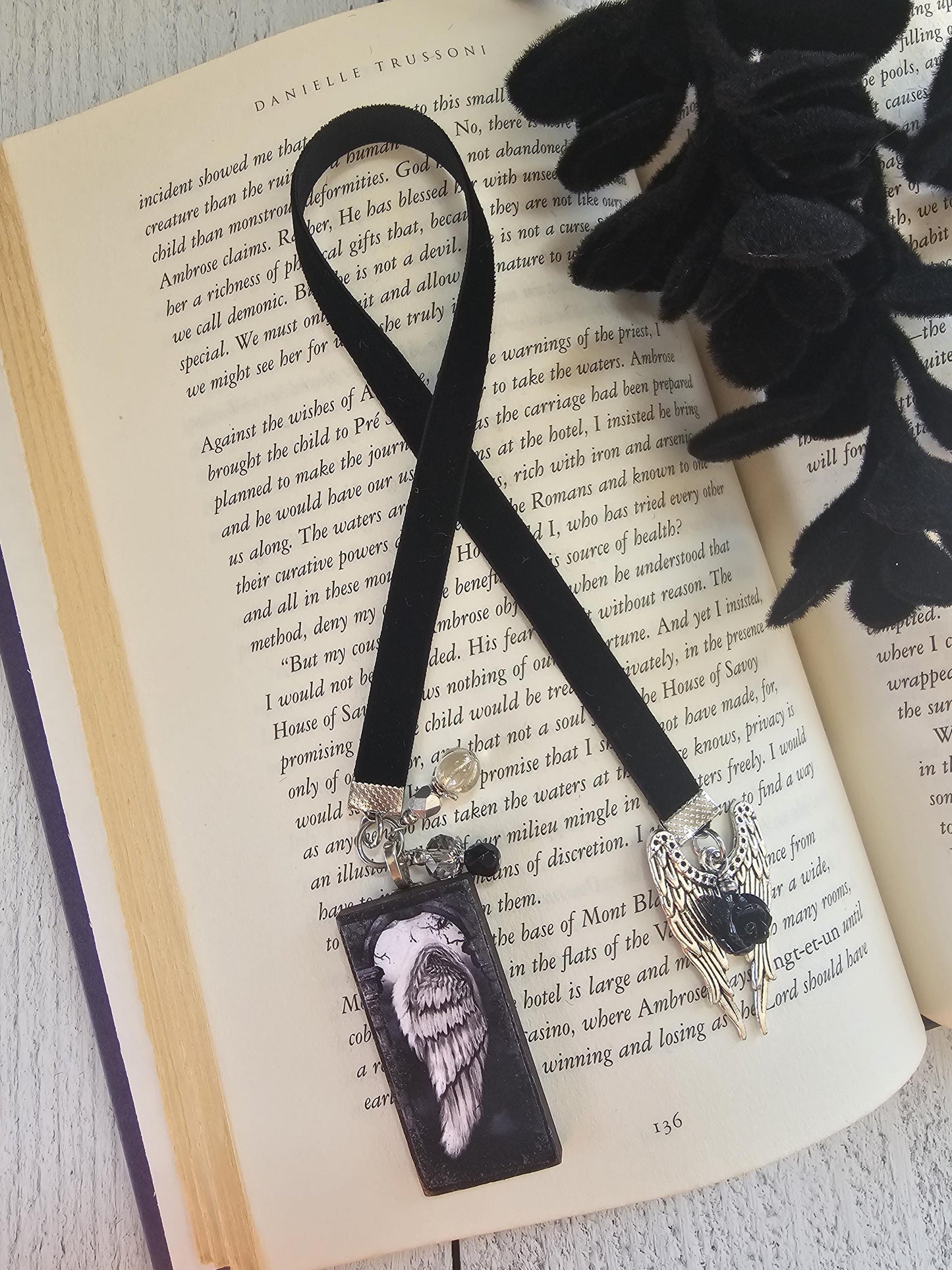 Gothic Bookmark, Angel Wing Bookmarker, Velvet Ribbon Bookmark, Reader Gift