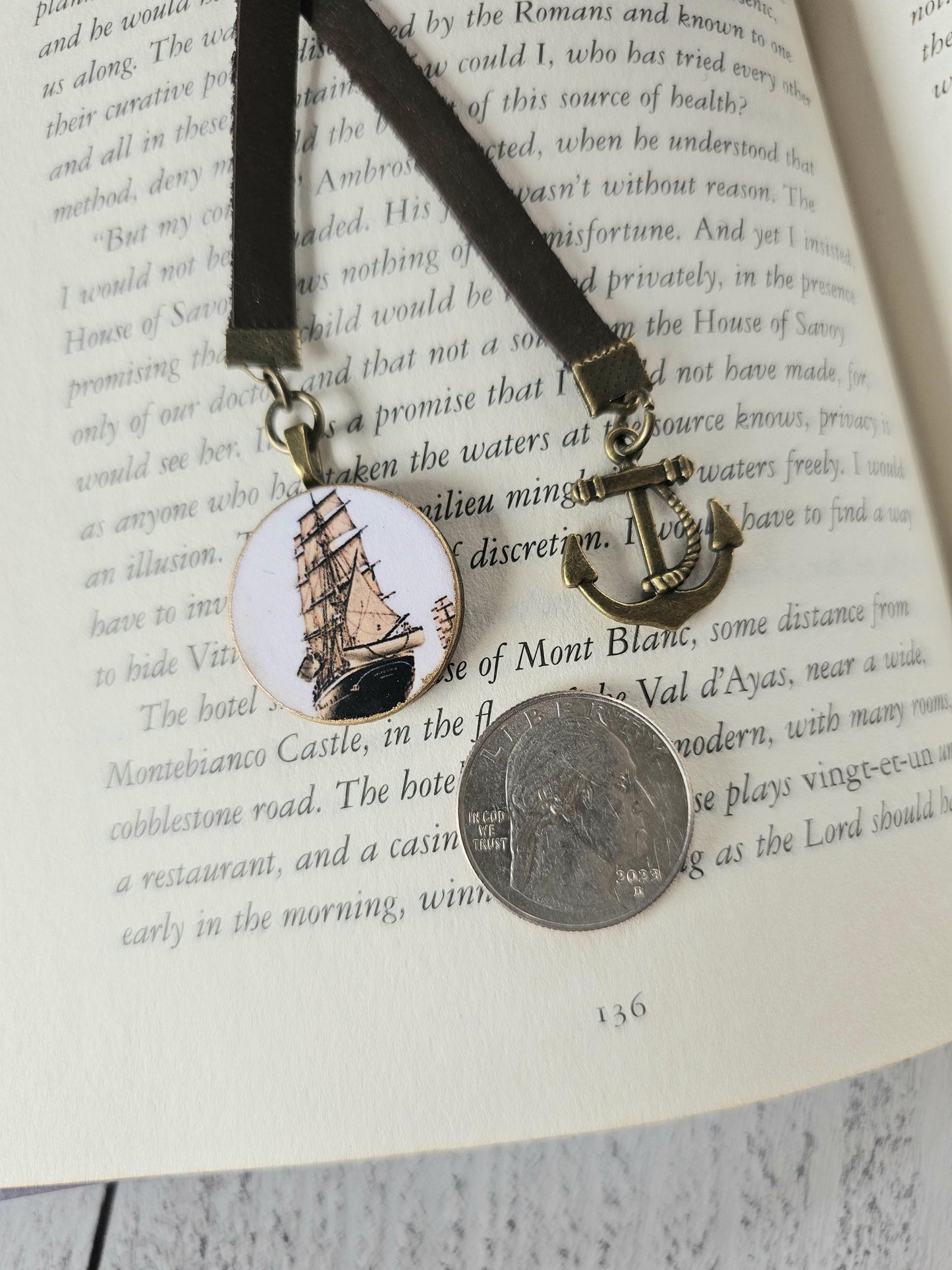 Sailing Ship Bookmark, Vintage Style Leather Bookmarker, Men's Reader Gift, Father's Day