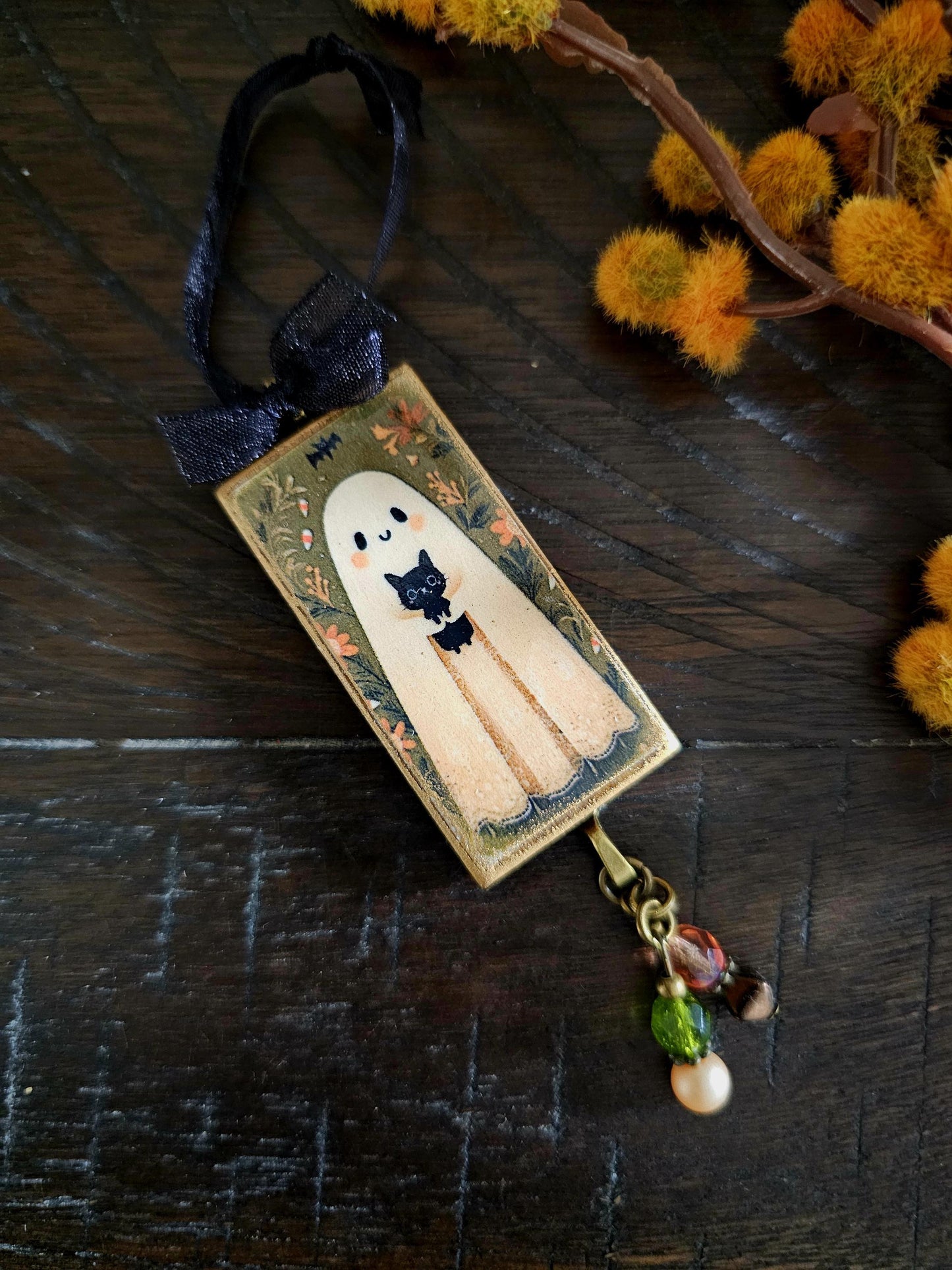 Cute Ghost Holding Black Cat Ornament, Whimsical Halloween Decor
