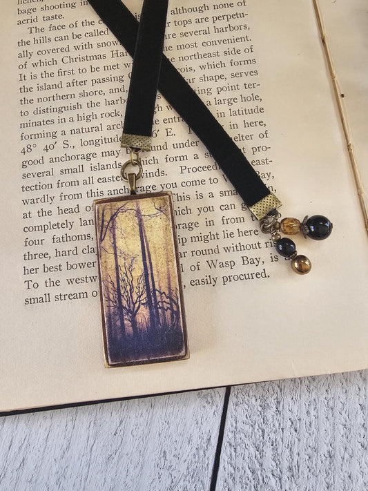 Gothic Bookmark, Spooky Woods Trees Bookmarker, Horror Velvet Ribbon Bookmark, Reader Gift