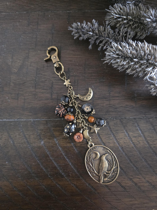 Raven or Crow Theme Bag Charm With Moon Accents