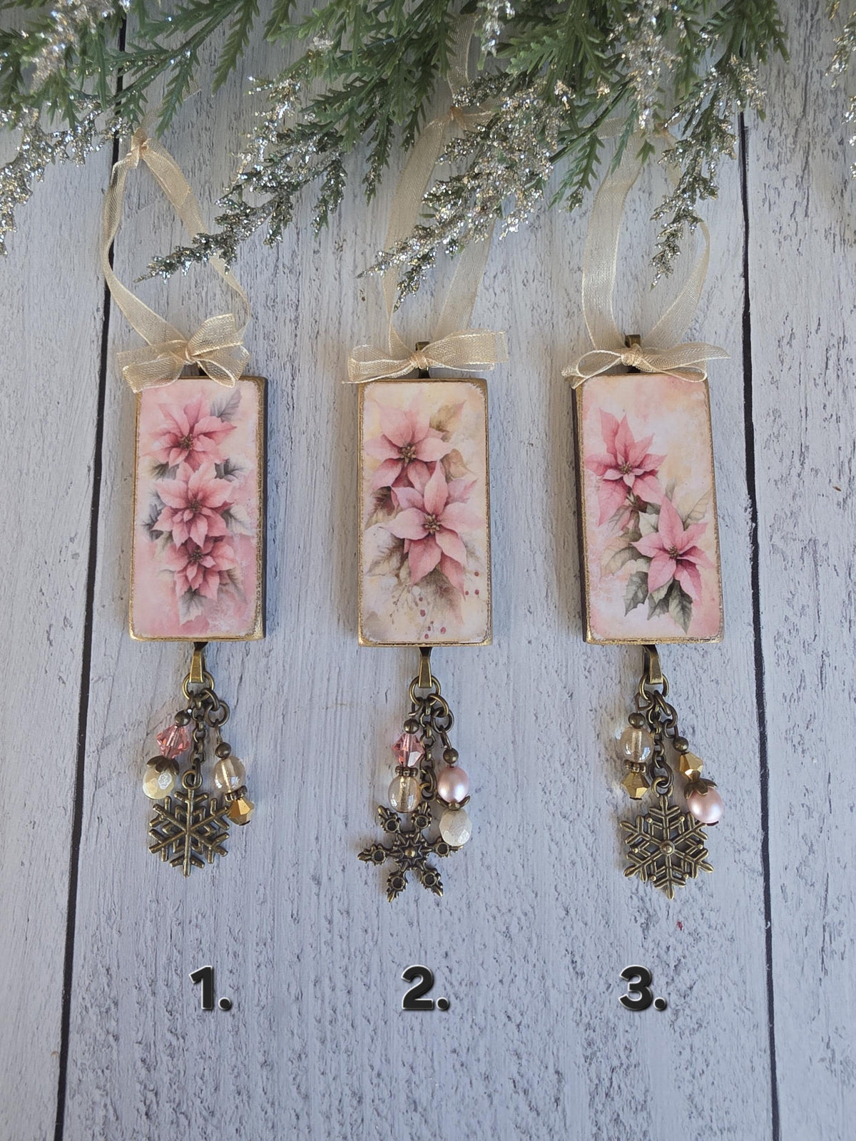 Pink Poinsettia Christmas Ornaments, Handmade