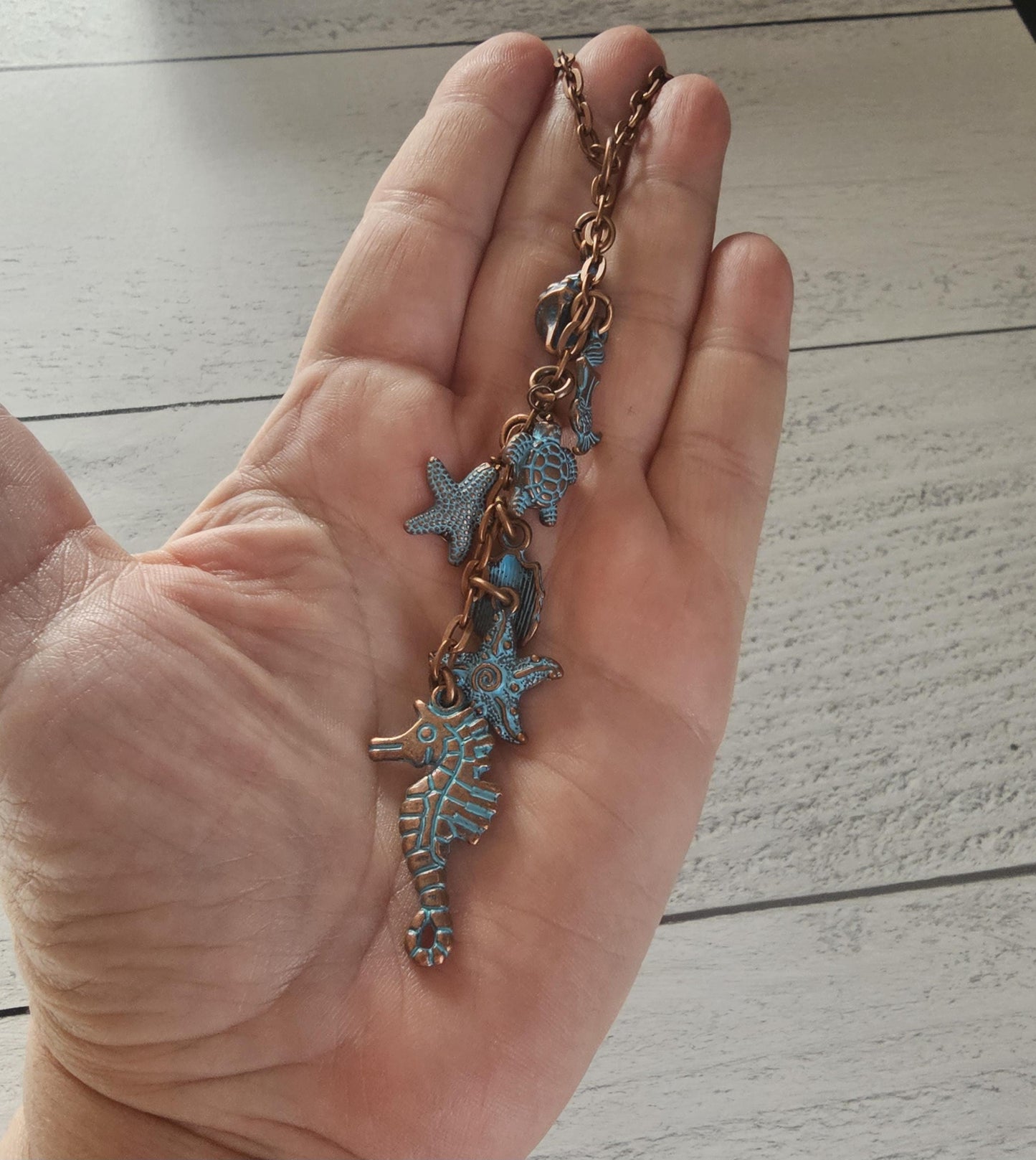 Beach Ocean Themed Car Charm for Rear View Mirror, Copper and Patina