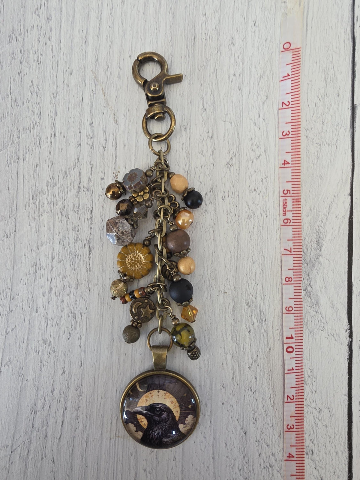 Sun and Raven Beaded Bag Charm, Celestial Purse Flair