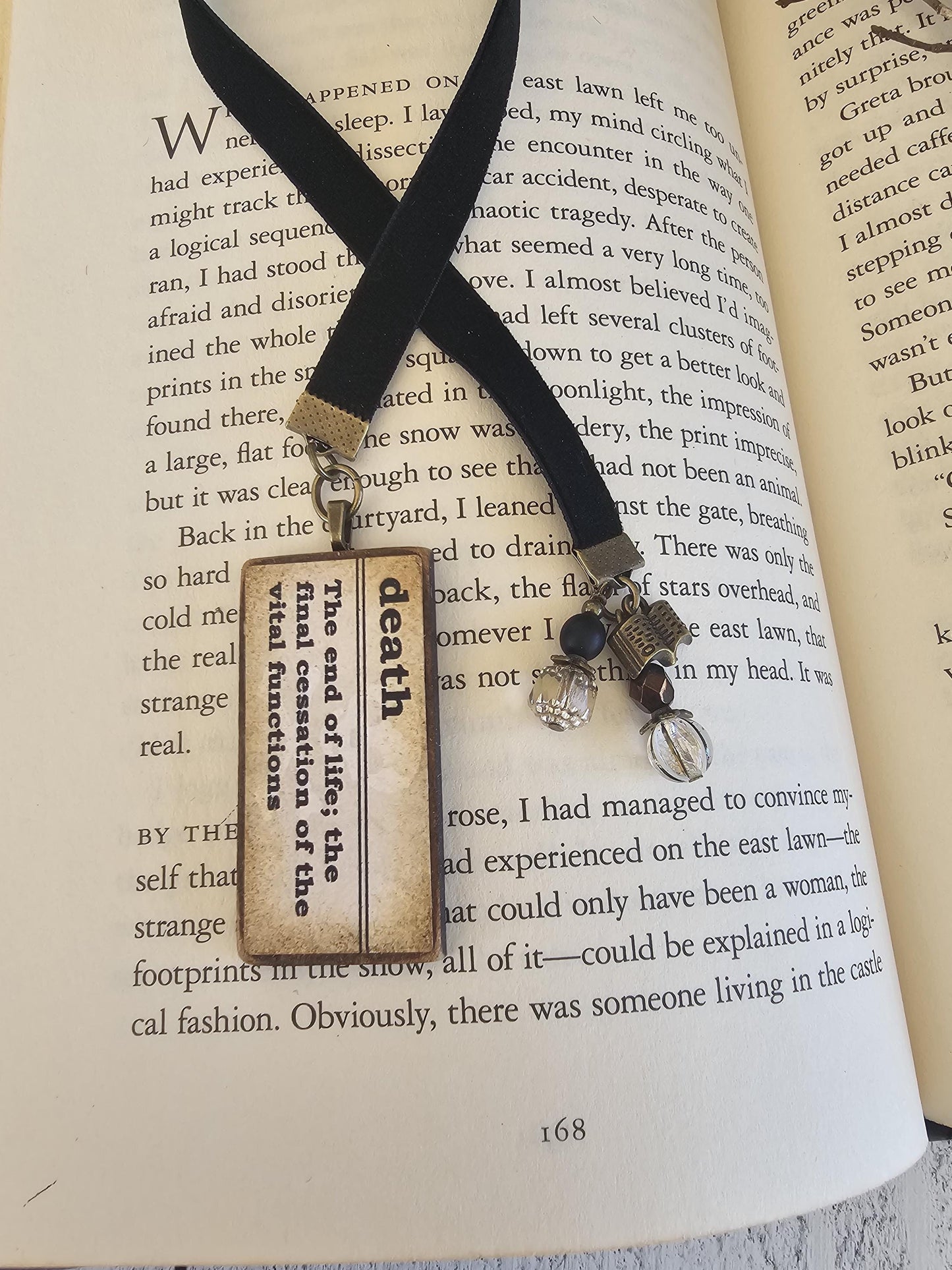 Dark Gothic Velvet Ribbon Bookmark with Pendant featuring Gothic Definitions Death, Decay, Omen, Morbid, Hex, Darkness, Unique Literary Gift