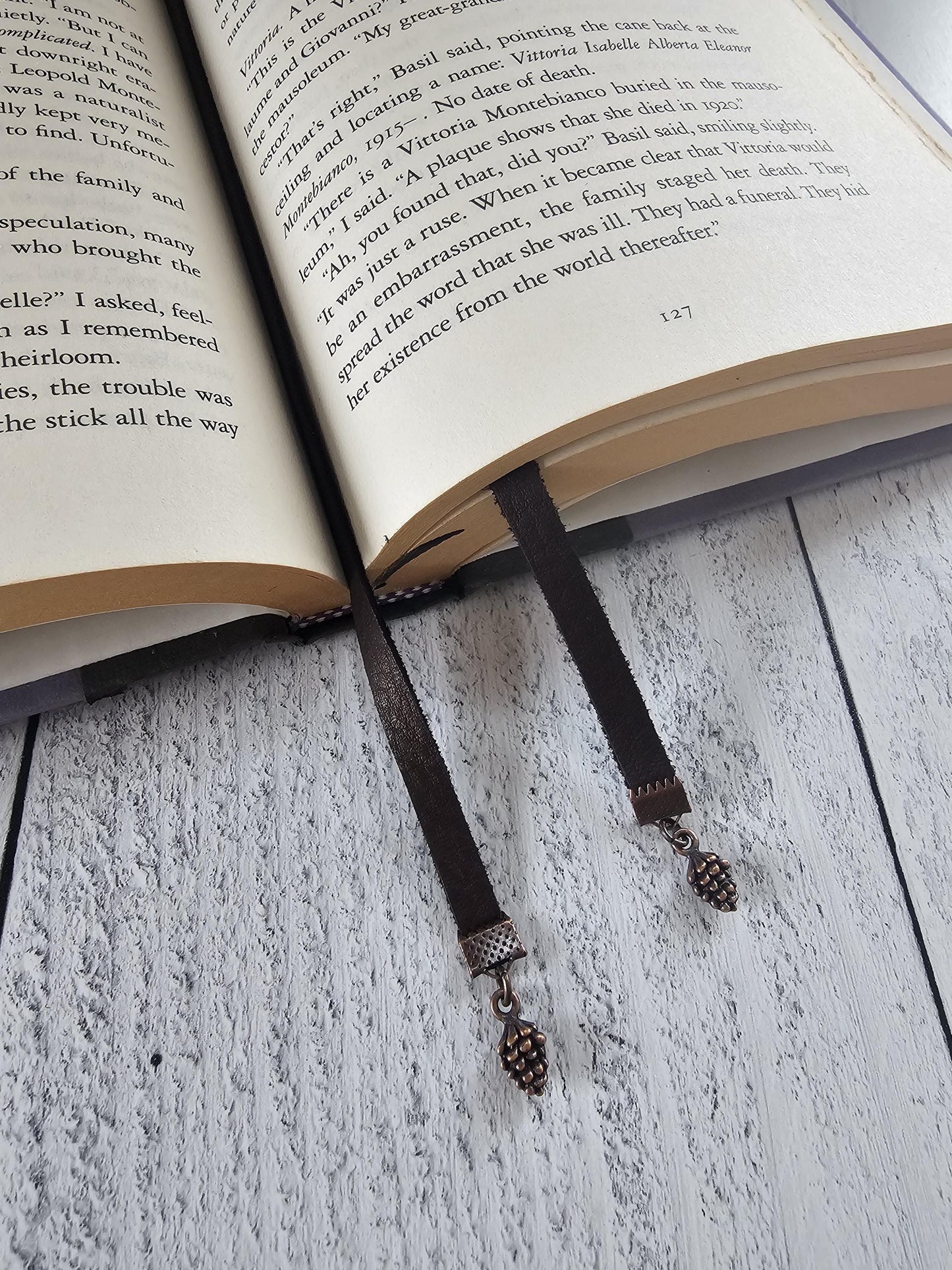 Multi-strand Rustic Bookmark Made With Leather and Copper Plated Pine Tree and Pine Cone Charms, Great Gift for Wilderness Lover