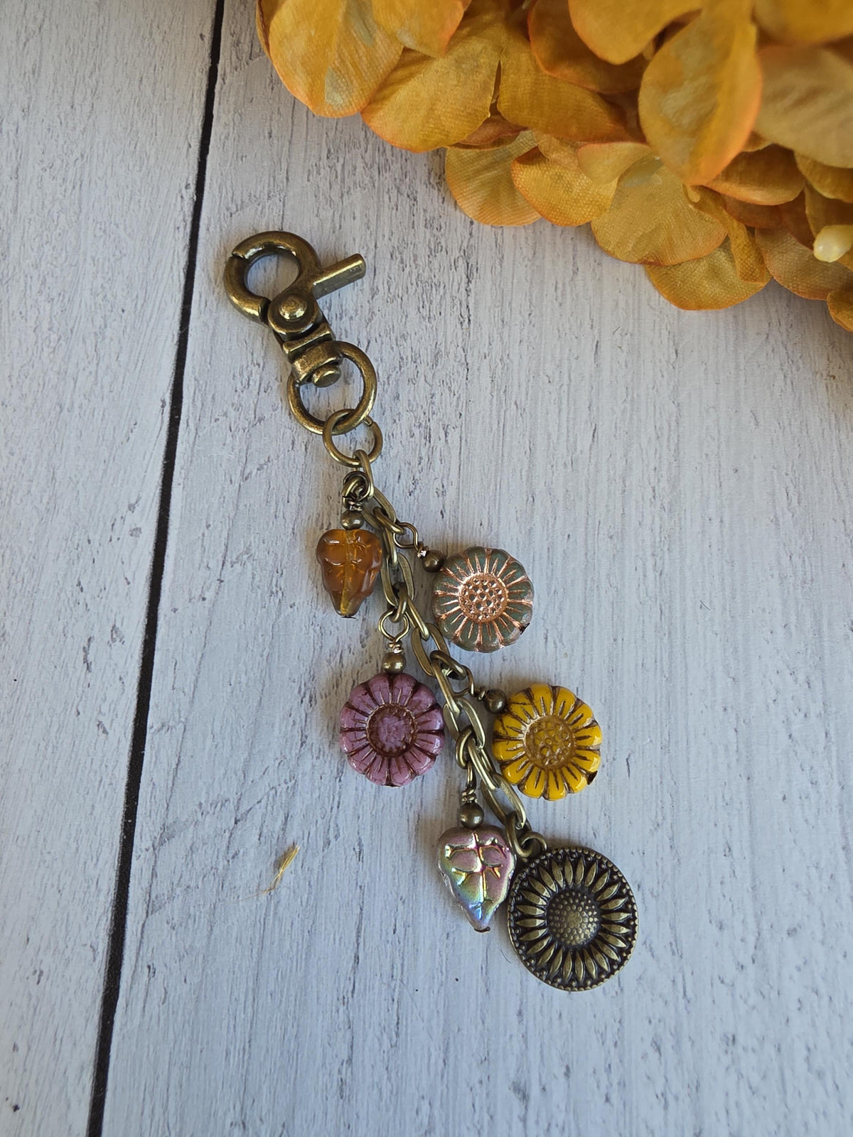 Sunflower Bag Charm With Glass Bead, Choose Your Color Combo