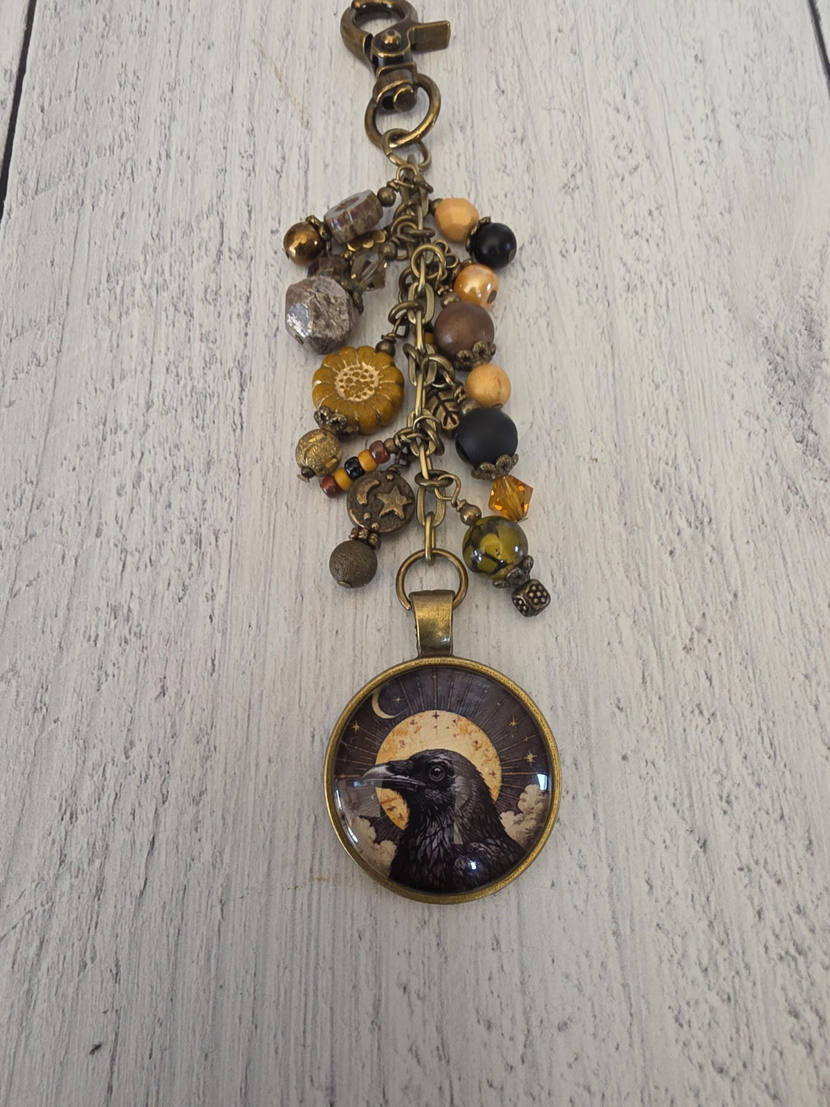 Sun and Raven Beaded Bag Charm, Celestial Purse Flair