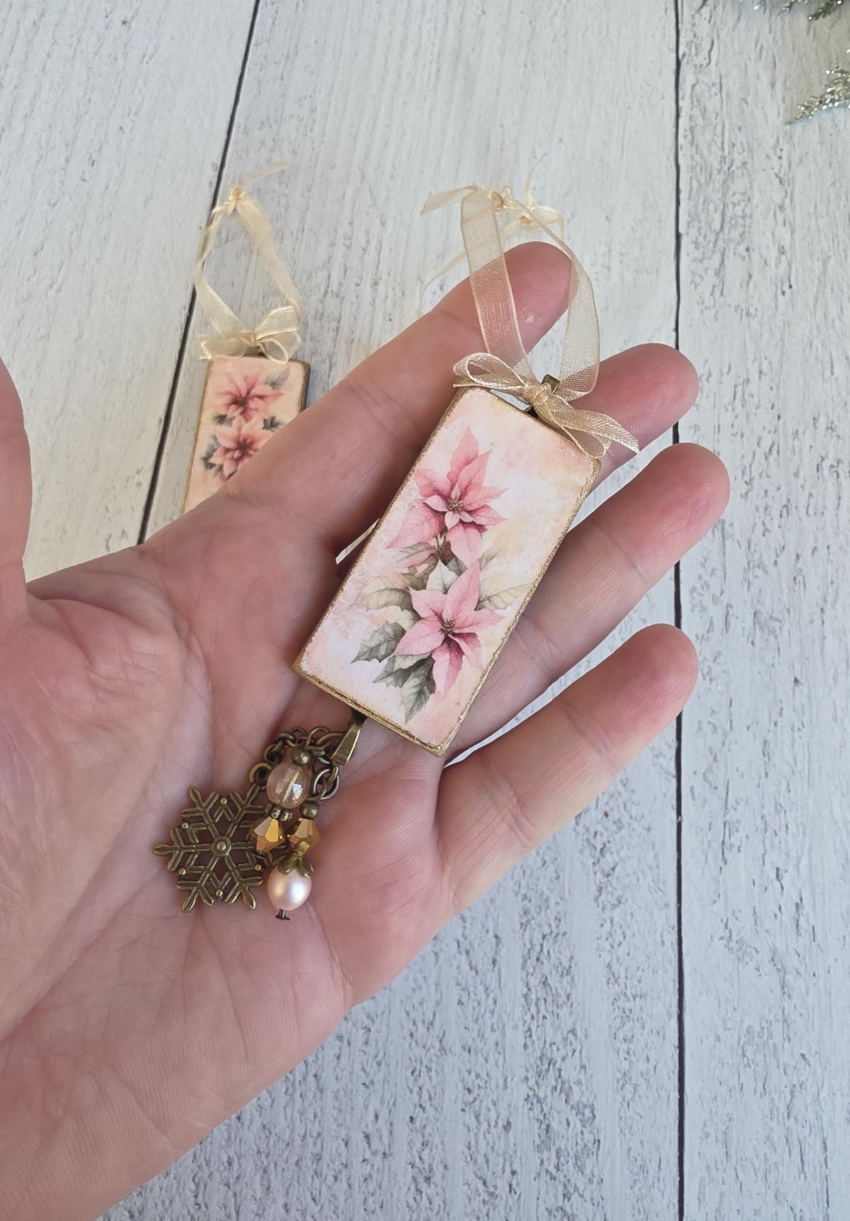 Pink Poinsettia Christmas Ornaments, Handmade