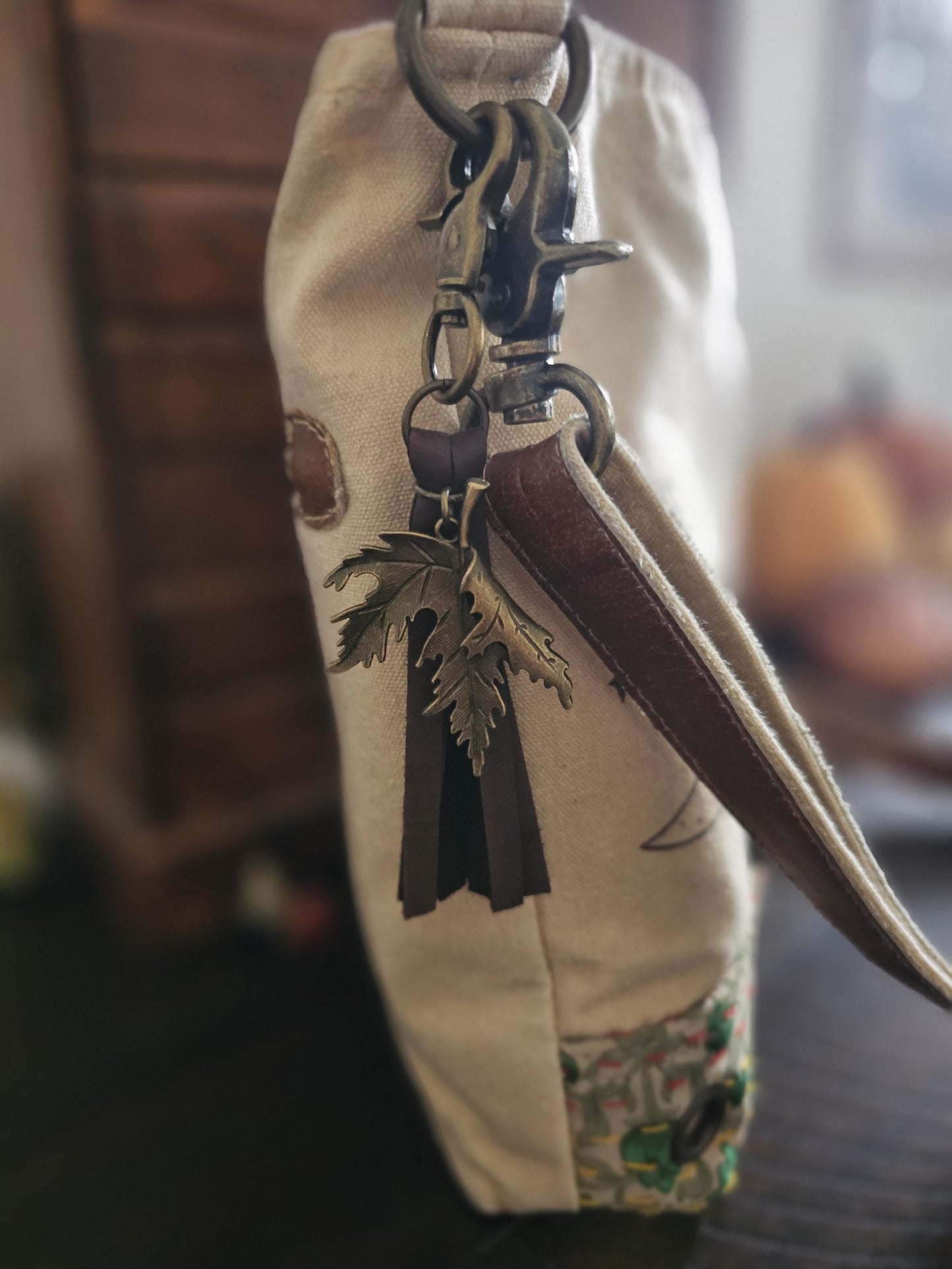 Boho Leather Bag Tassel With Bronze Plated Leaf Charm