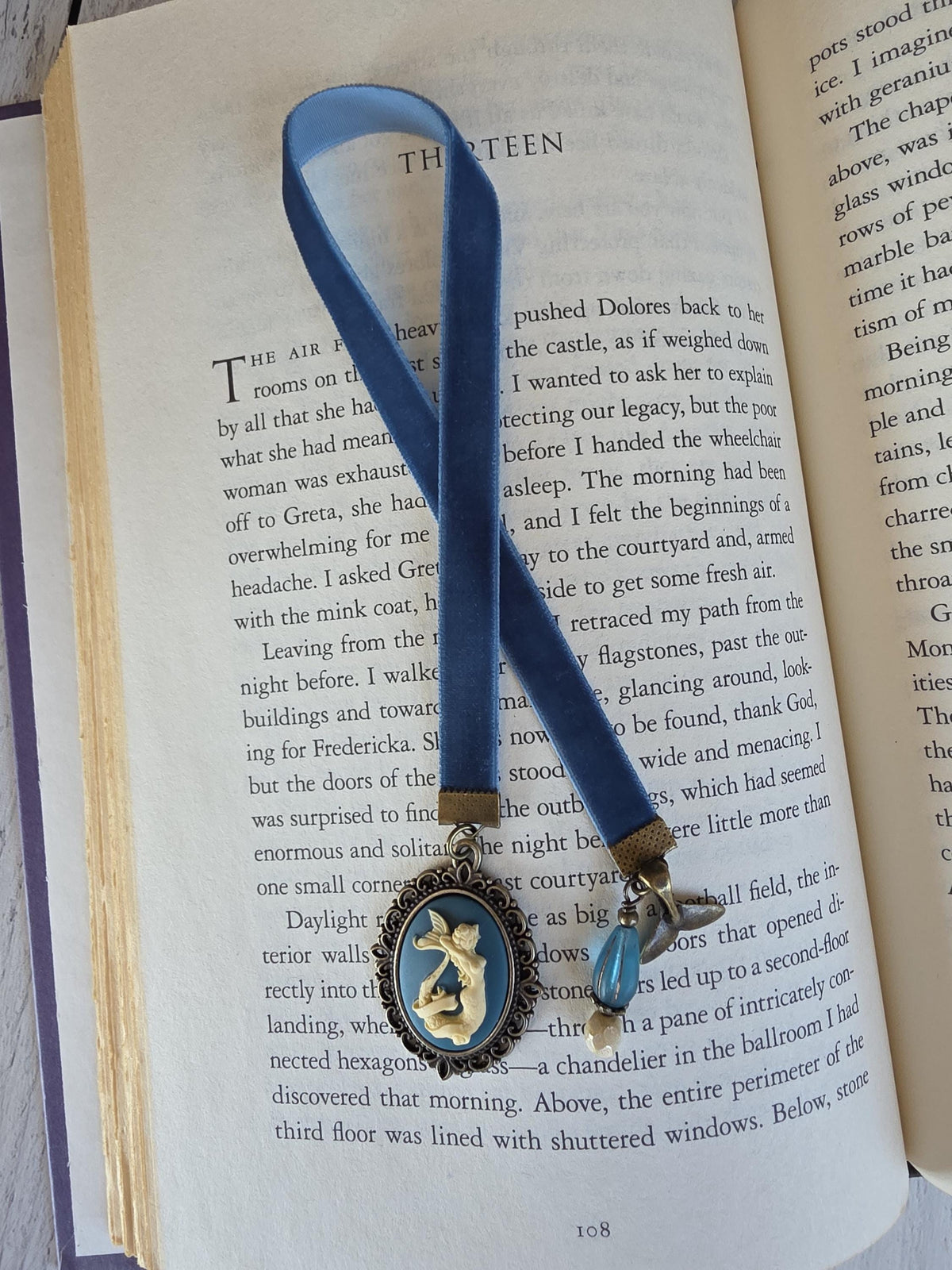 Teal Mermaid Cameo and Velvet Ribbon Bookmark, Choose Your Length